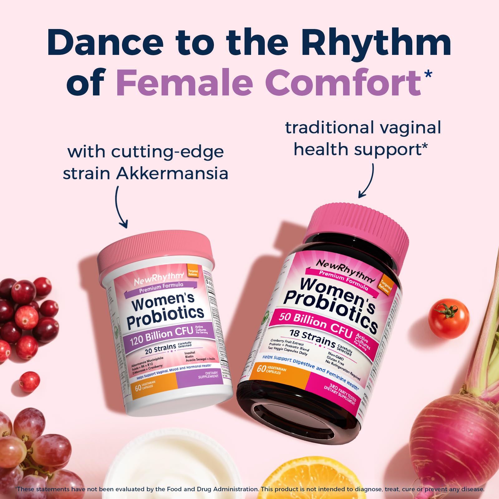 NewRhythm Probiotics for Women 120 Billion CFU bottle on a table