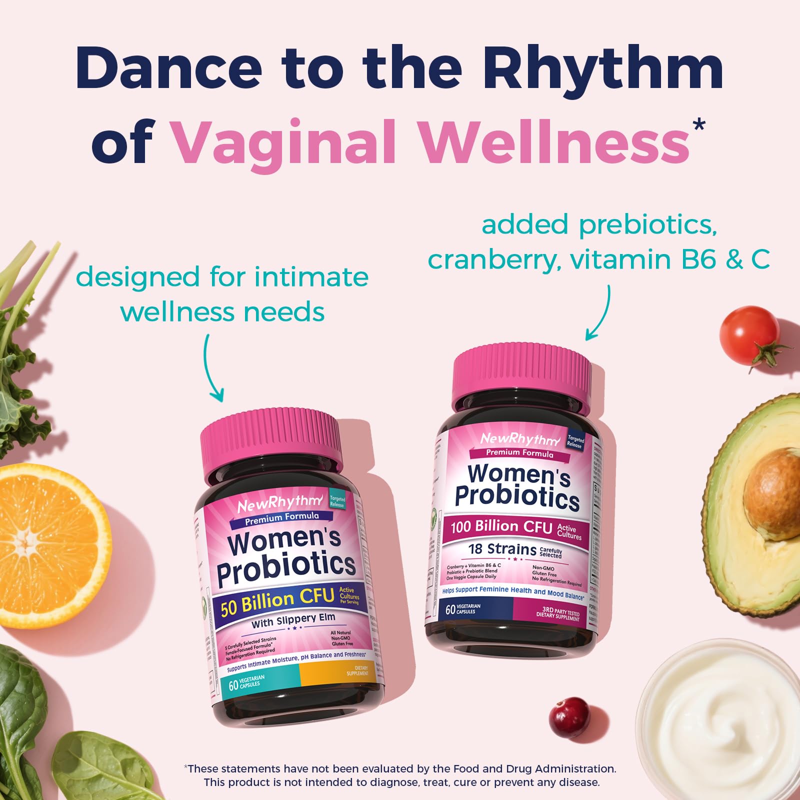 NewRhythm Slippery Elm+ Women's Probiotics displayed with natural ingredients