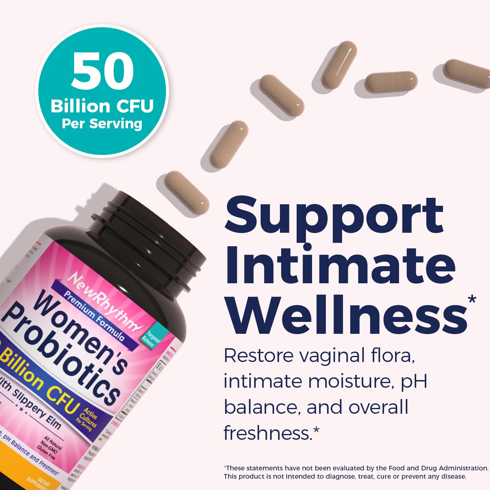 NewRhythm Slippery Elm+ Women's Probiotics side view showing capsule size