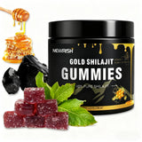 Newrish Healthy Gold Himalayan Shilajit Gummies front view with jar