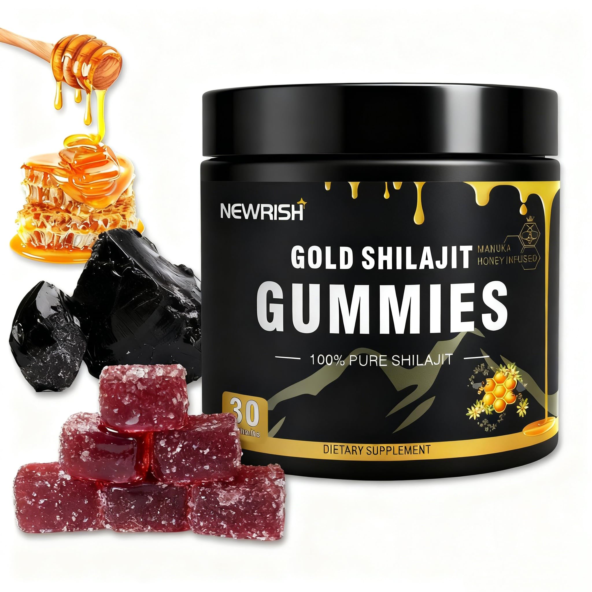 Newrish Healthy Gold Himalayan Shilajit Gummies front view with packaging