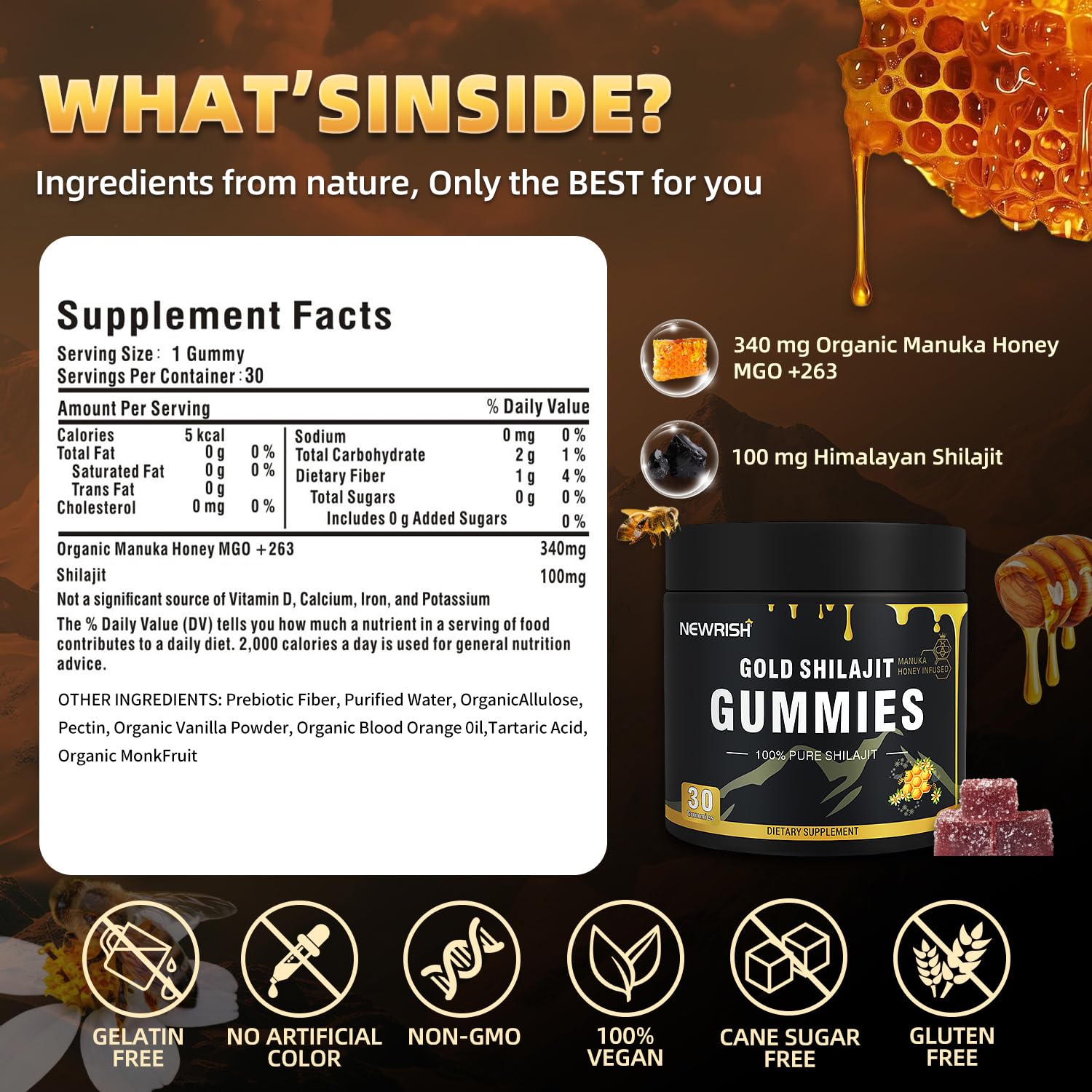 Newrish Healthy Gold Himalayan Shilajit Gummies side view