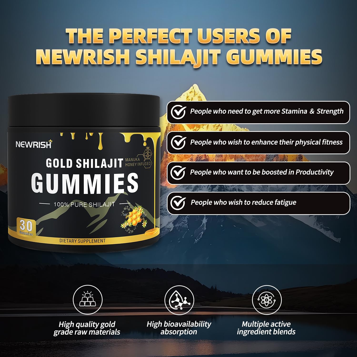 Newrish Shilajit Gummies displayed in a fitness setting