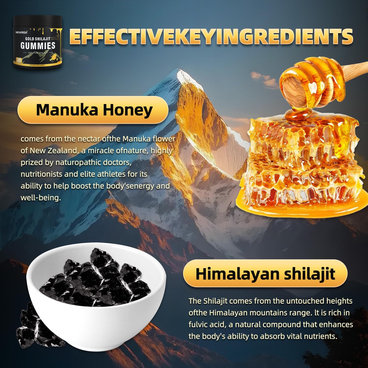 Newrish Shilajit Gummies jar on a wooden table