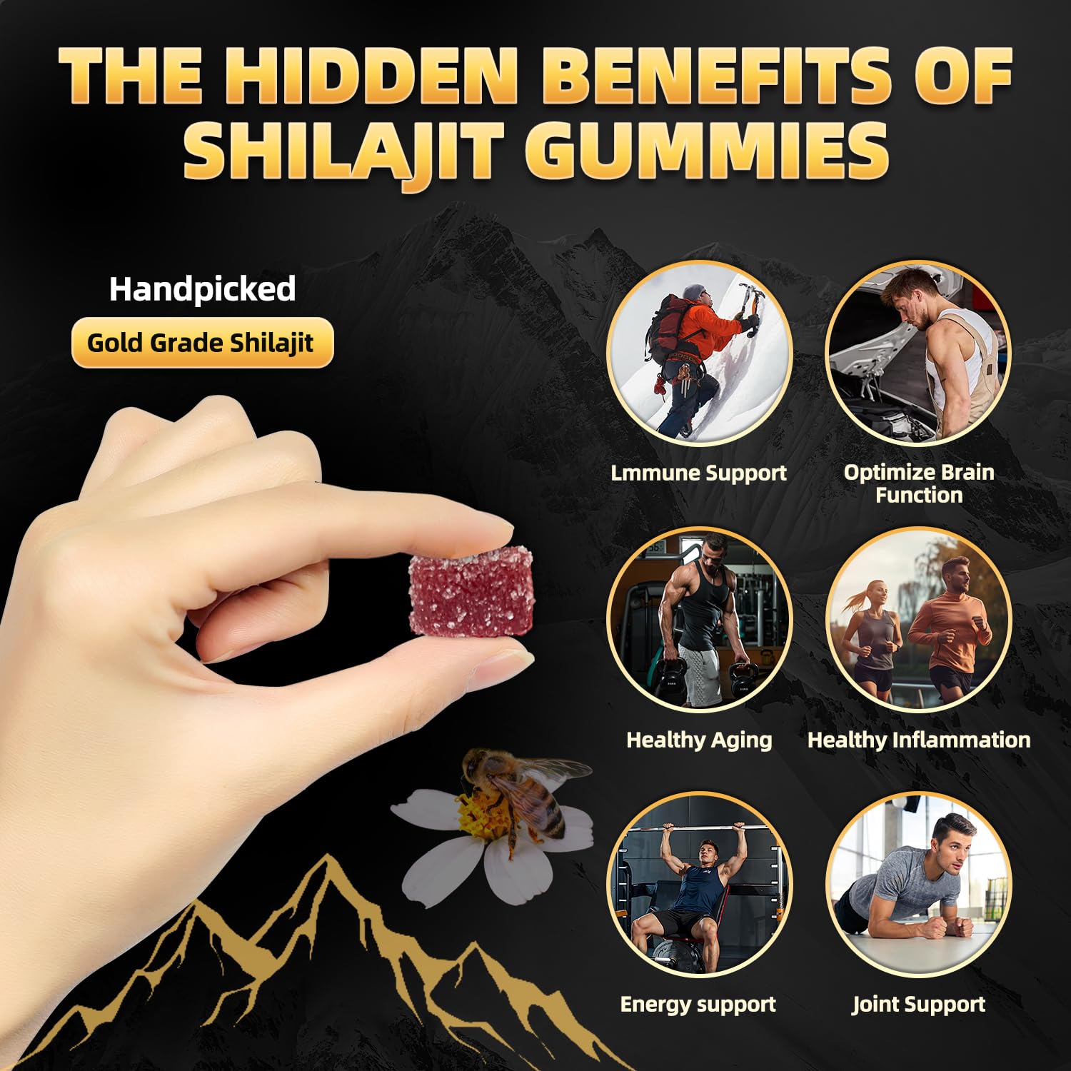 Newrish Shilajit Gummies with Manuka Honey flavour on a wooden table