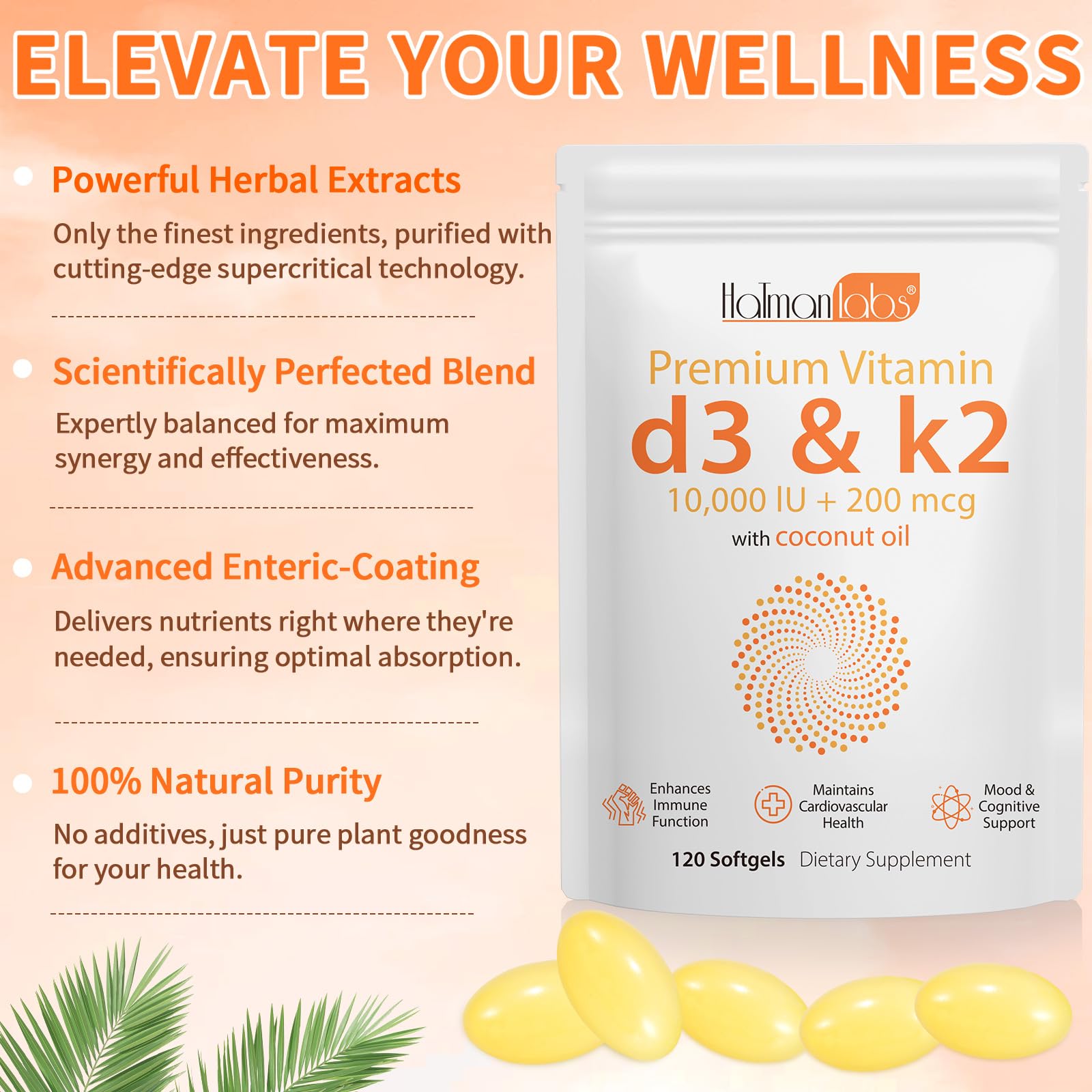 newseel Vitamin D3 K2 Softgels side view with coconut oil