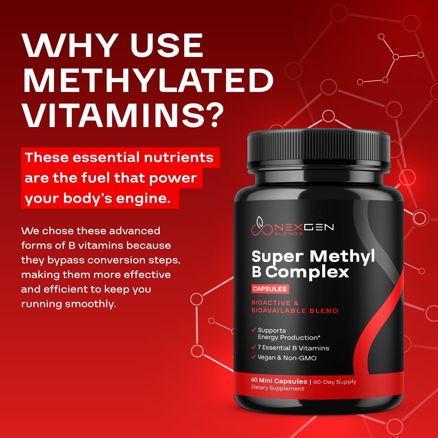 NEXGEN BLENDS B-Complex Methylated Vitamins 60 Capsules on a wooden table