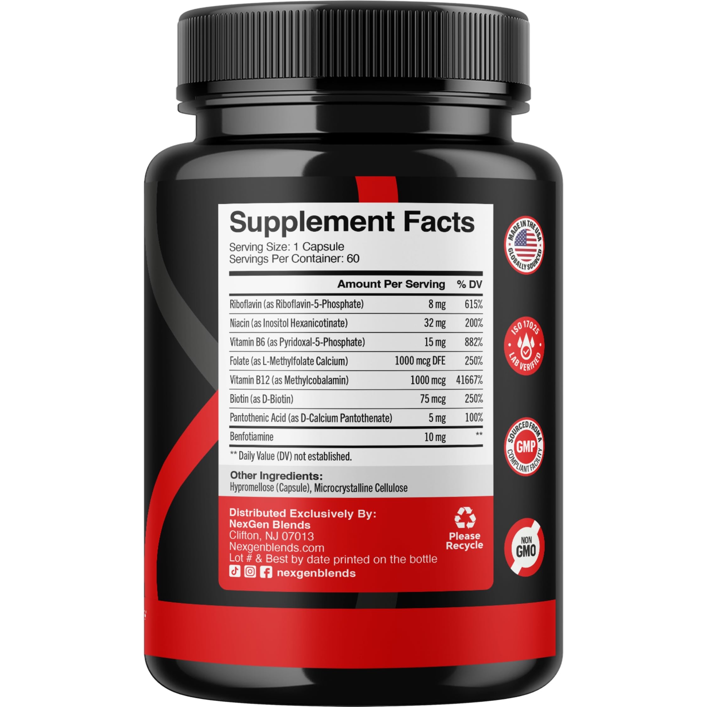 NEXGEN BLENDS B-Complex Methylated Vitamins 60 Capsules side view