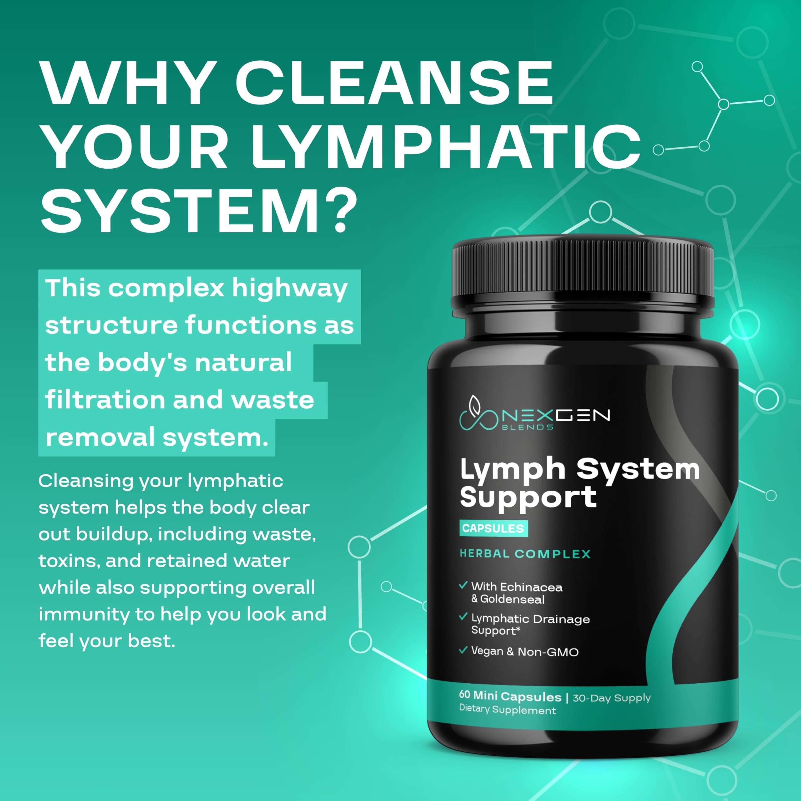 NEXGEN BLENDS Echinacea Lymph Support Supplement on a wooden table