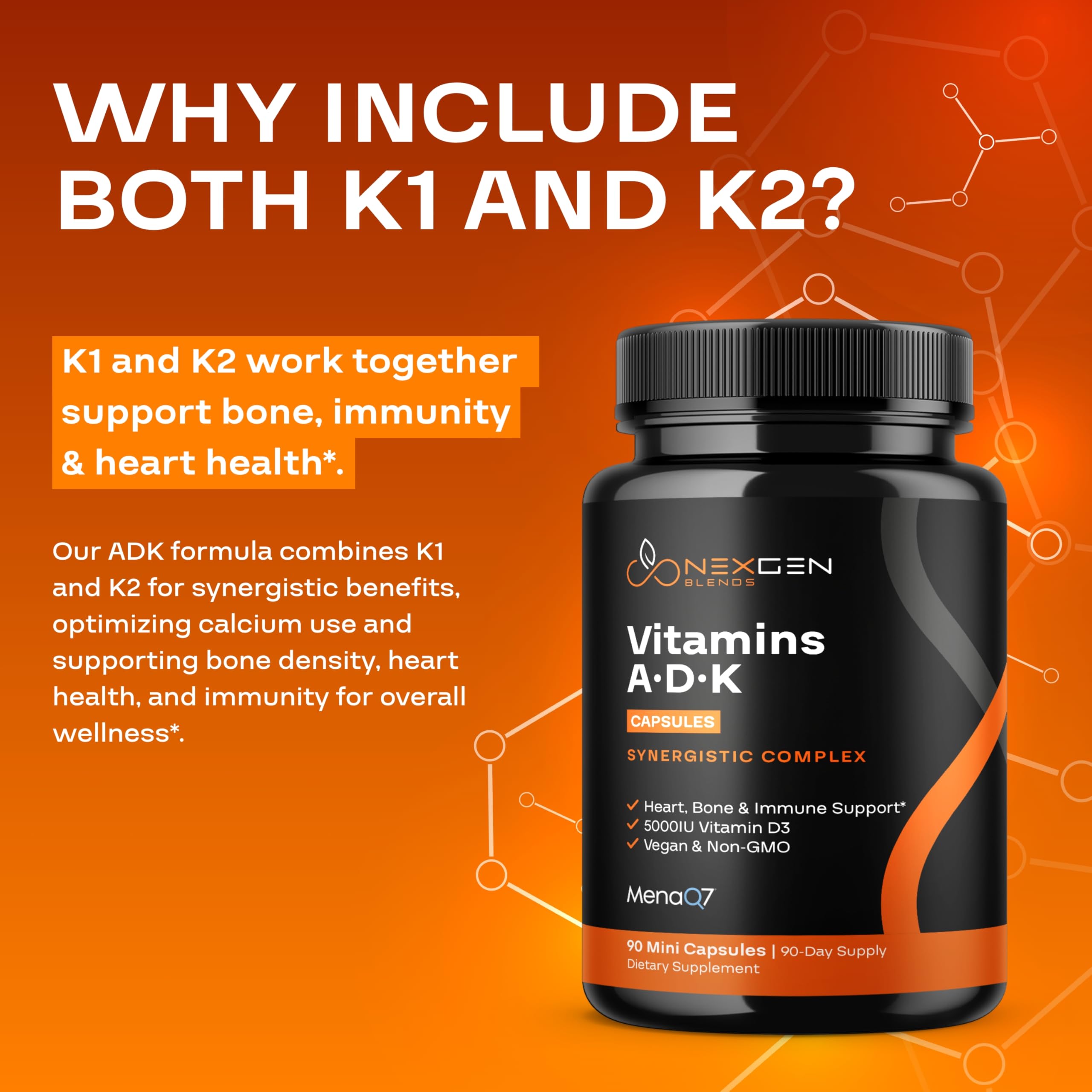 NEXGEN BLENDS Vitamin ADK Supplement displayed with fresh vegetables
