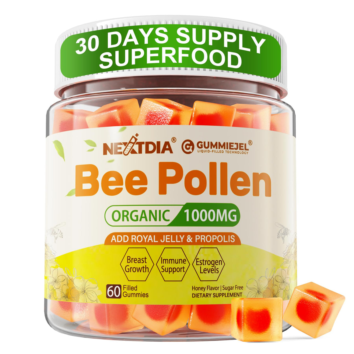 Nextdia bee pollen gummies front view with packaging