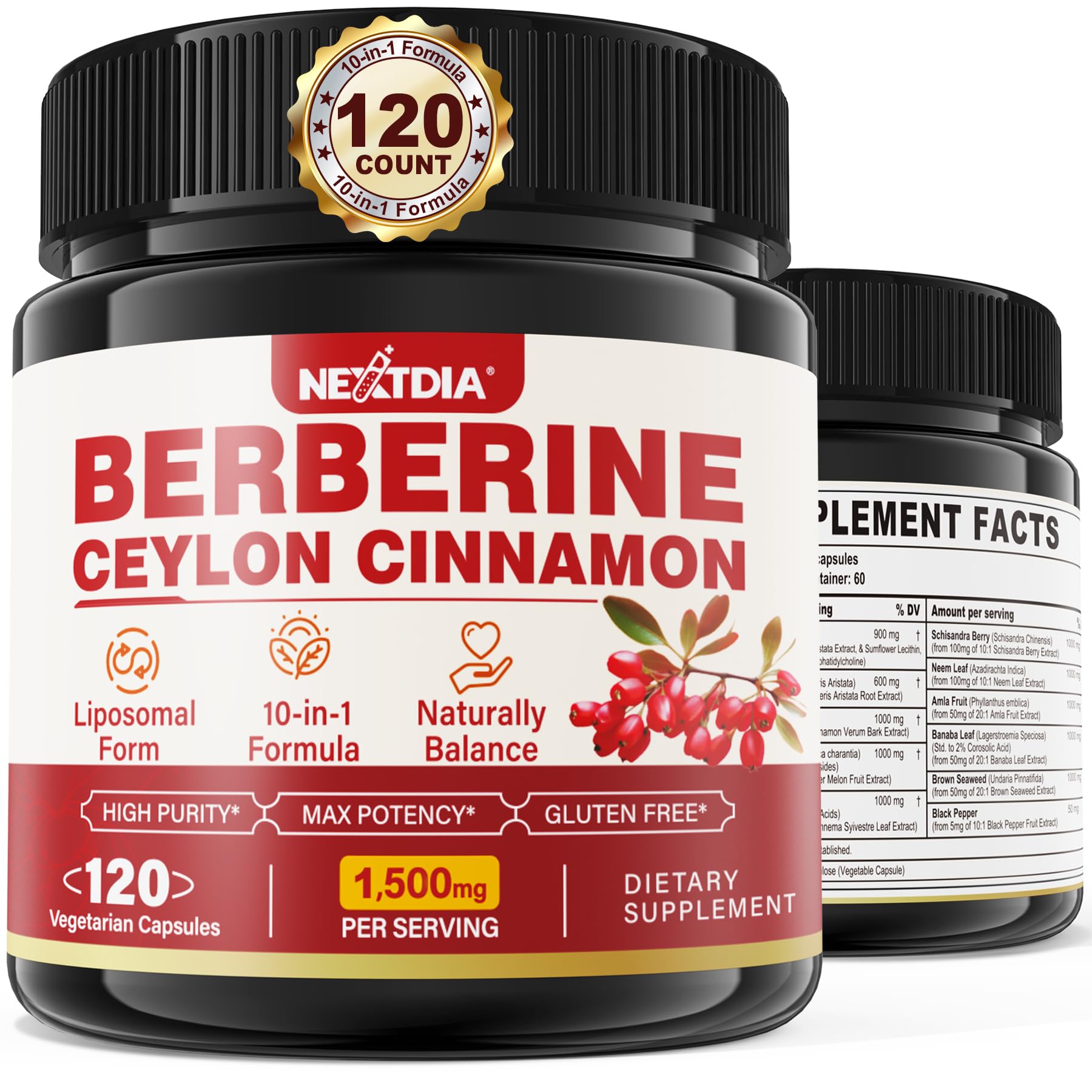 Nextdia Berberine Ceylon Cinnamon Capsules 1500mg front view