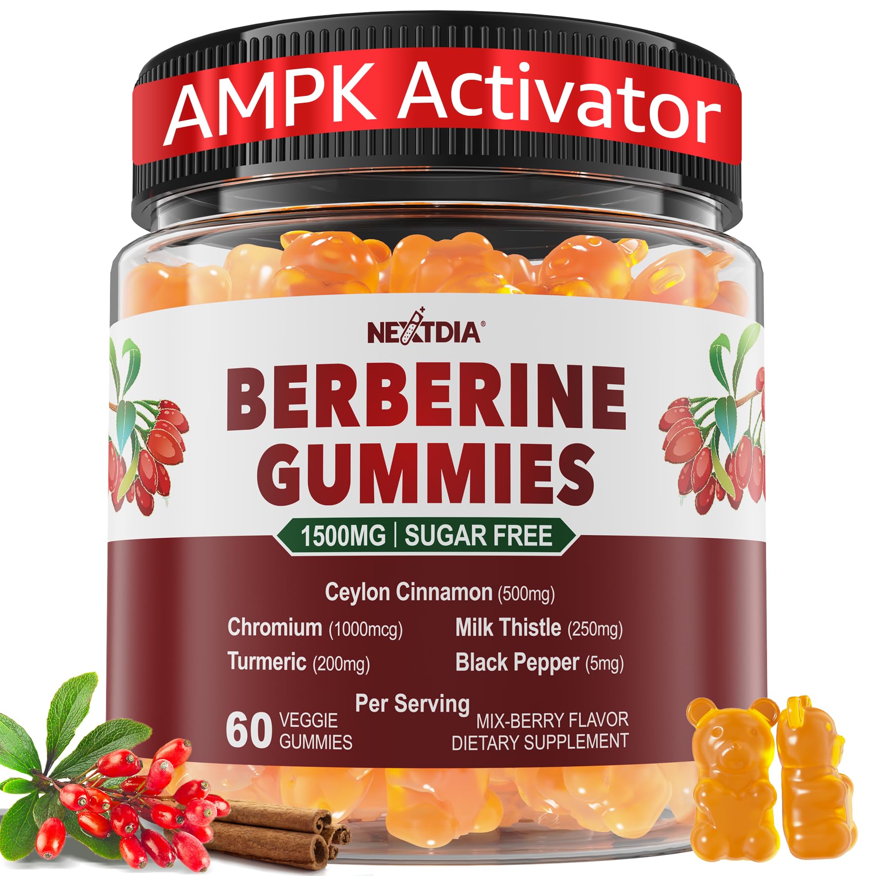 Nextdia Berberine Gummies 1500mg front view of packaging