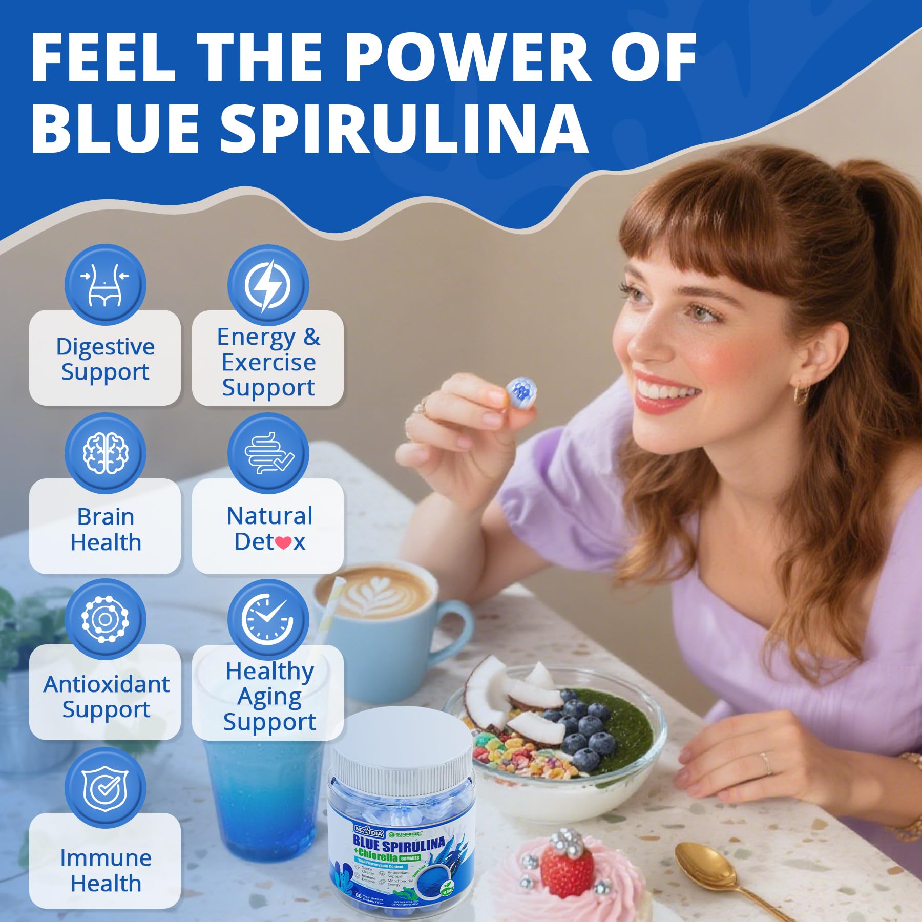 Nextdia Blue Spirulina Gummies displayed on a kitchen counter