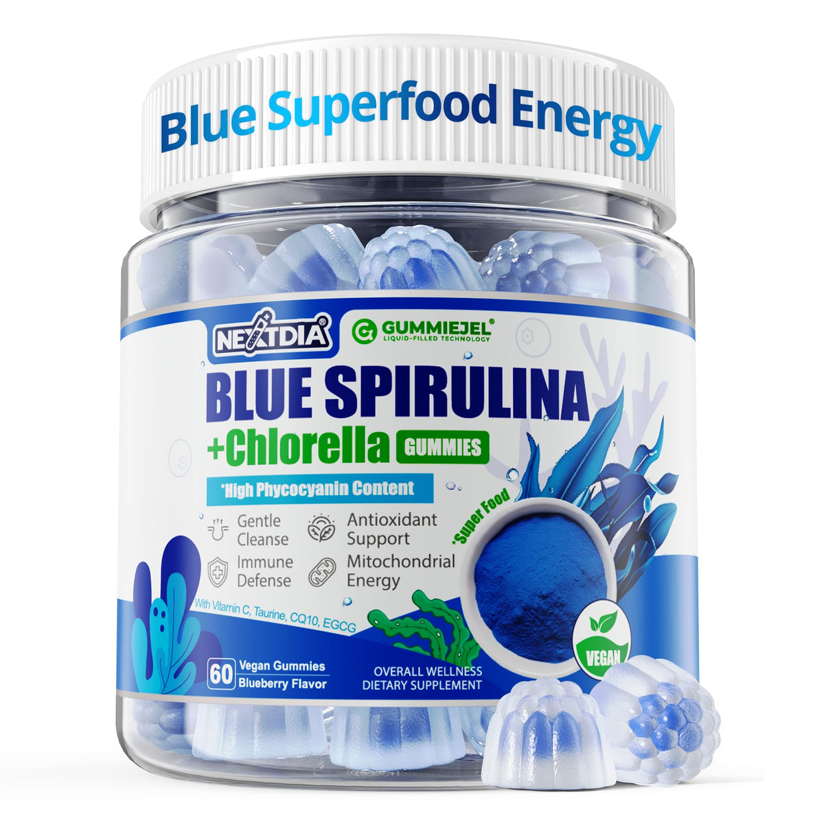 Nextdia Blue Spirulina Gummies front view with packaging