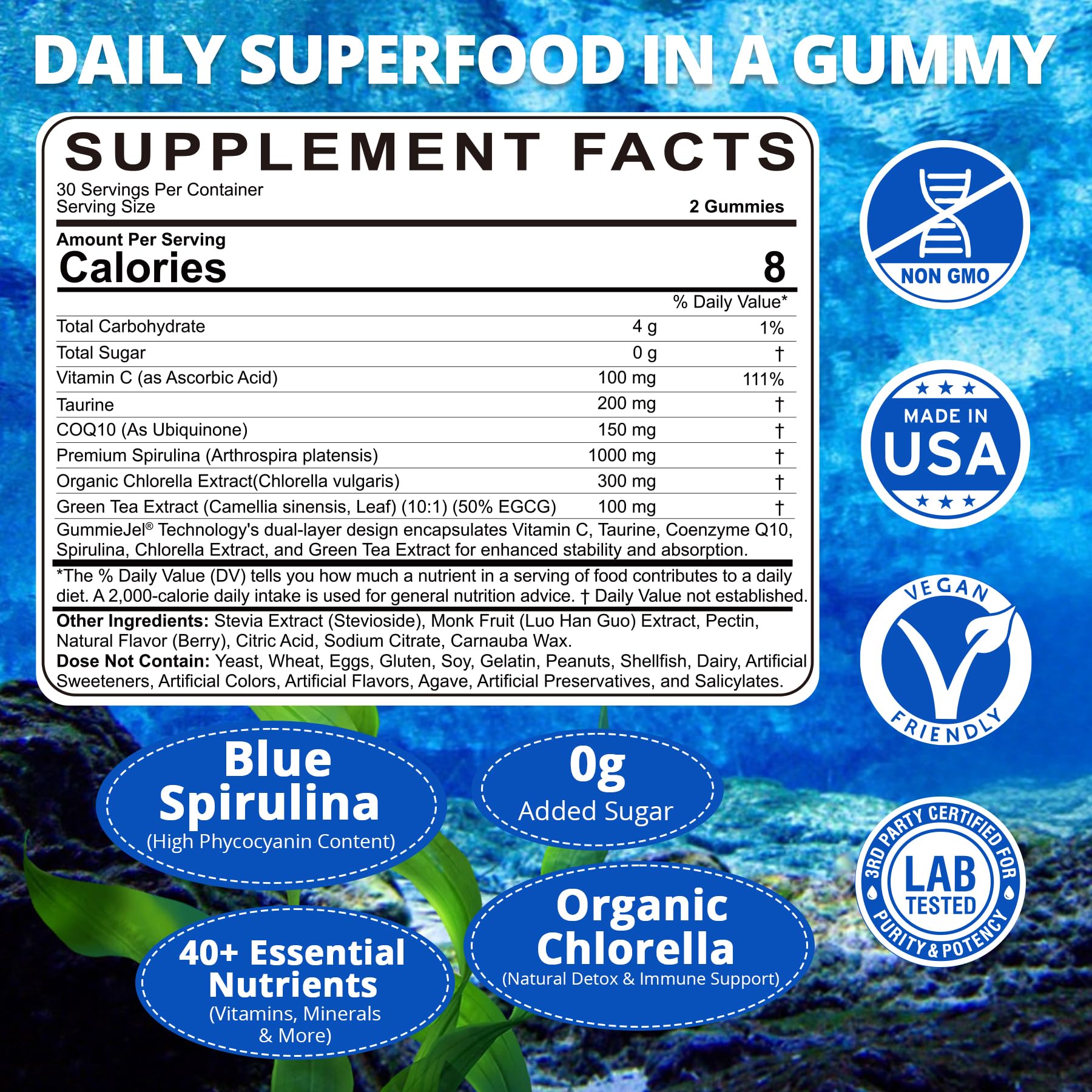 Nextdia Blue Spirulina Gummies packaging side view