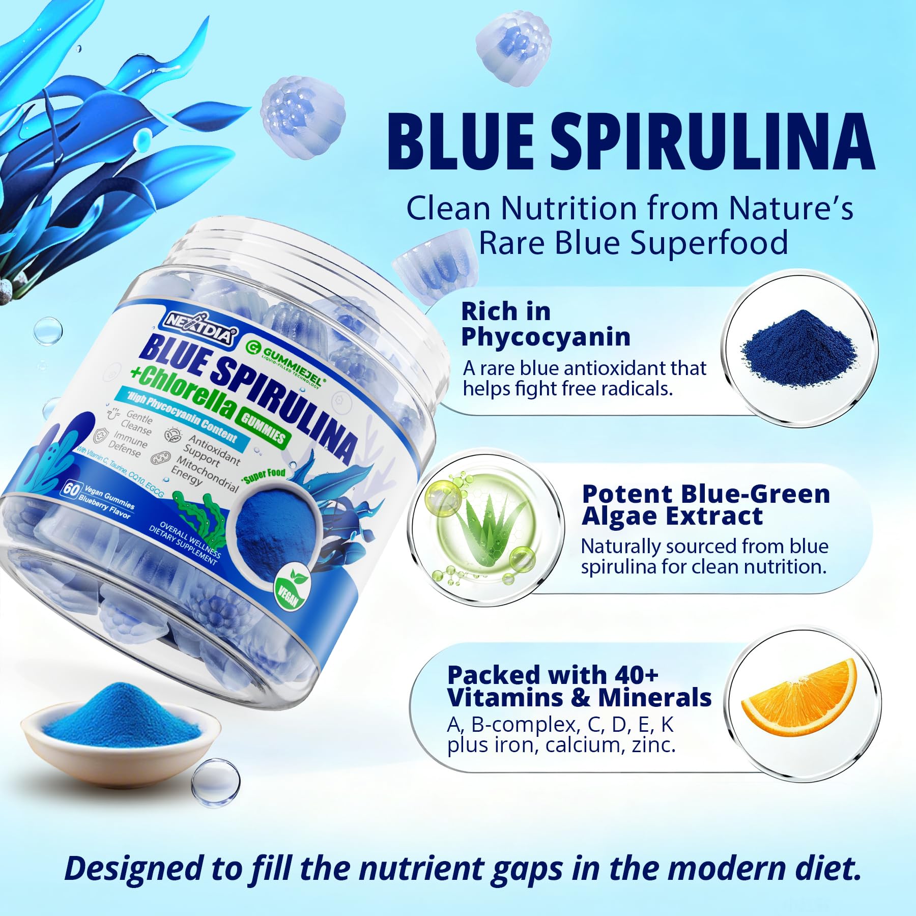 Nextdia Blue Spirulina Gummies side view with nutritional information