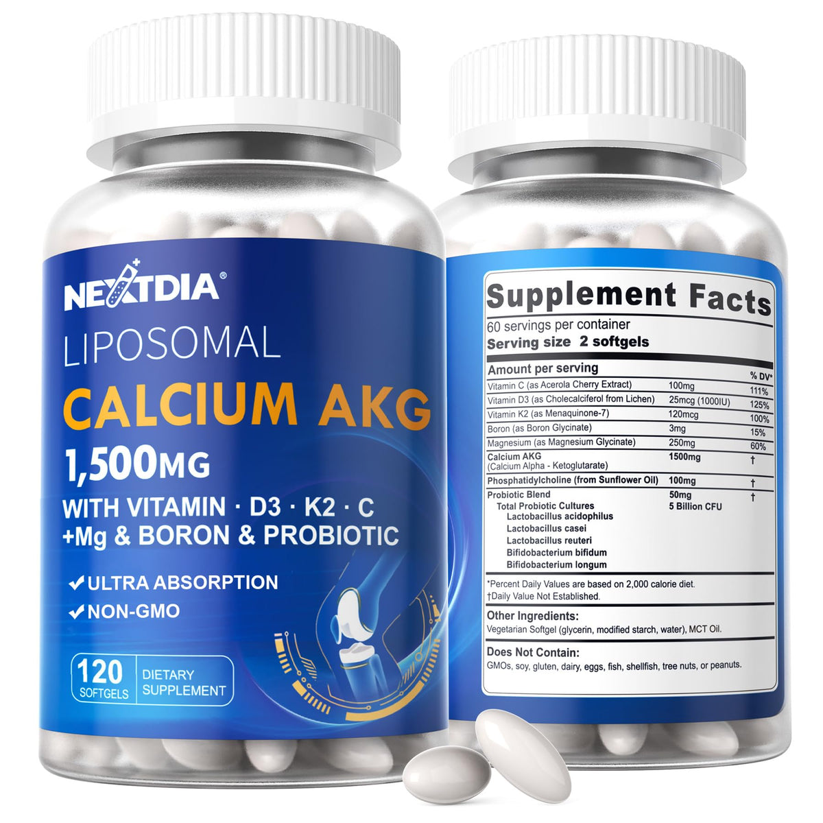 Nextdia Calcium AKG 1500mg supplement bottle front view