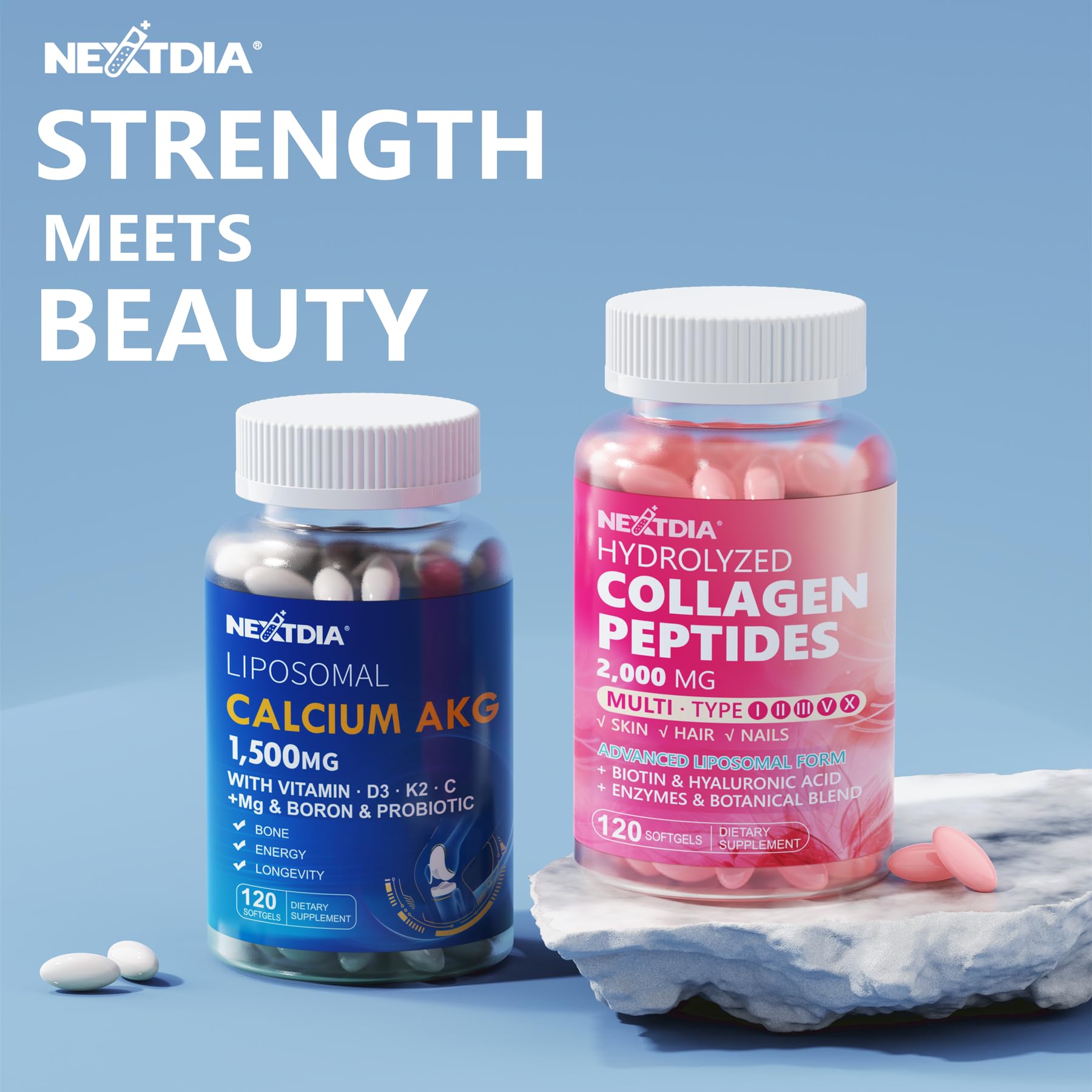 Nextdia Calcium AKG supplement with a measuring spoon