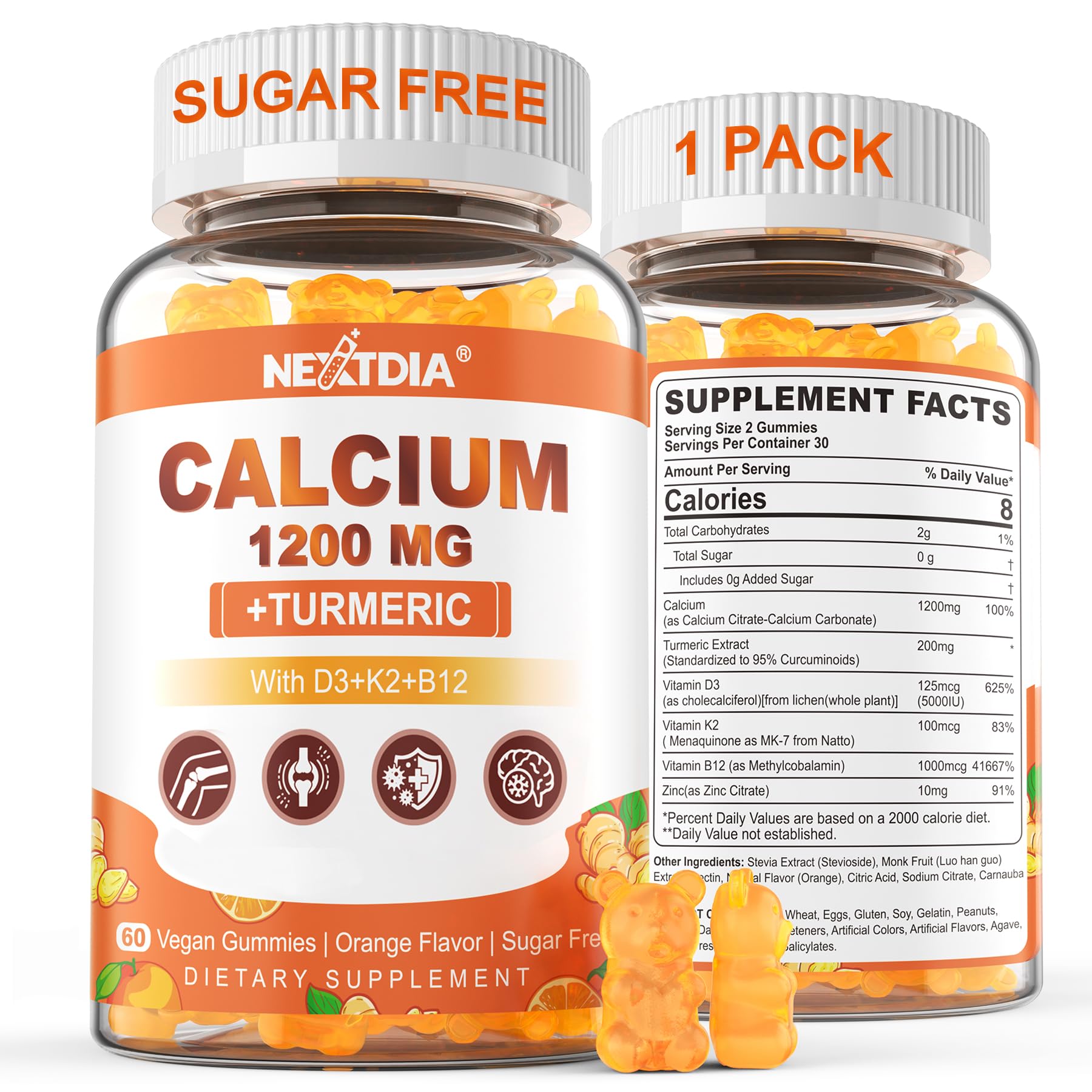 Nextdia Calcium Gummies front view with orange flavour