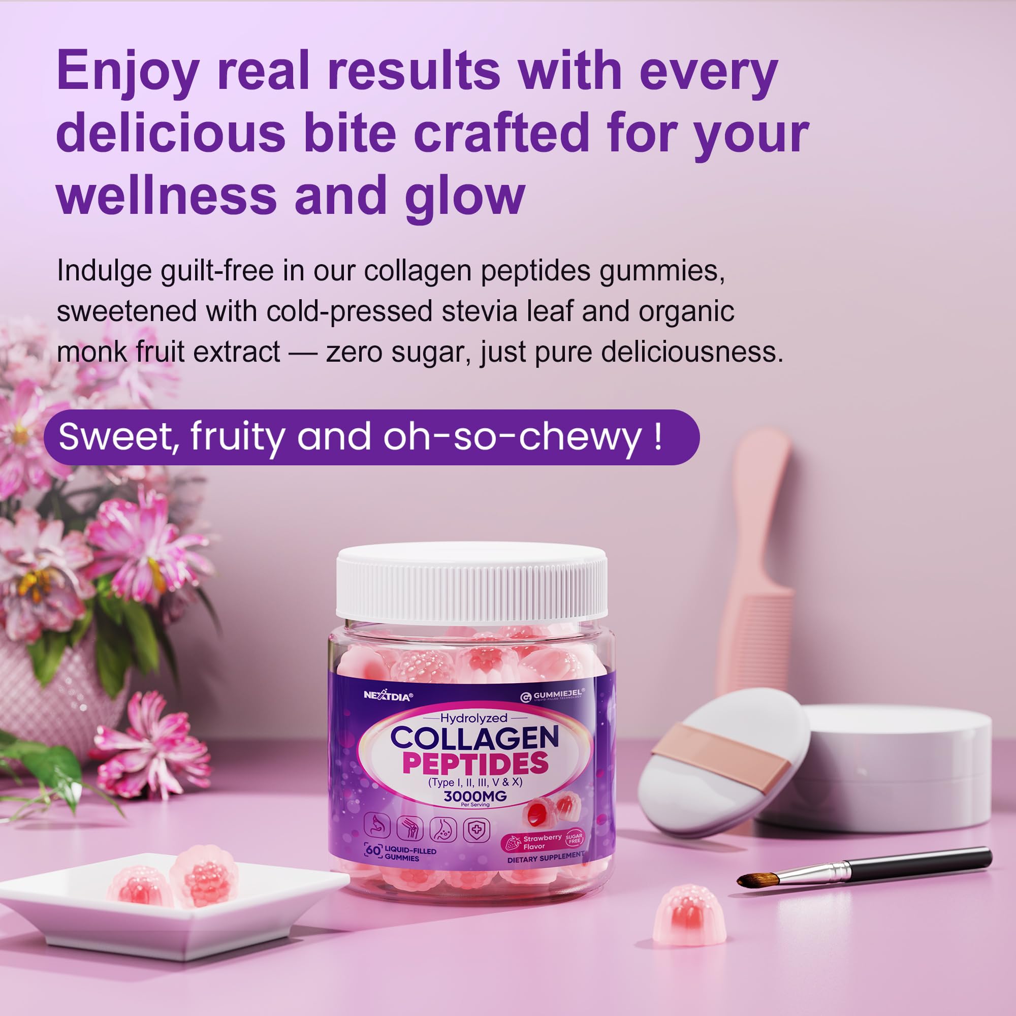 Nextdia Collagen Gummies on a wooden table
