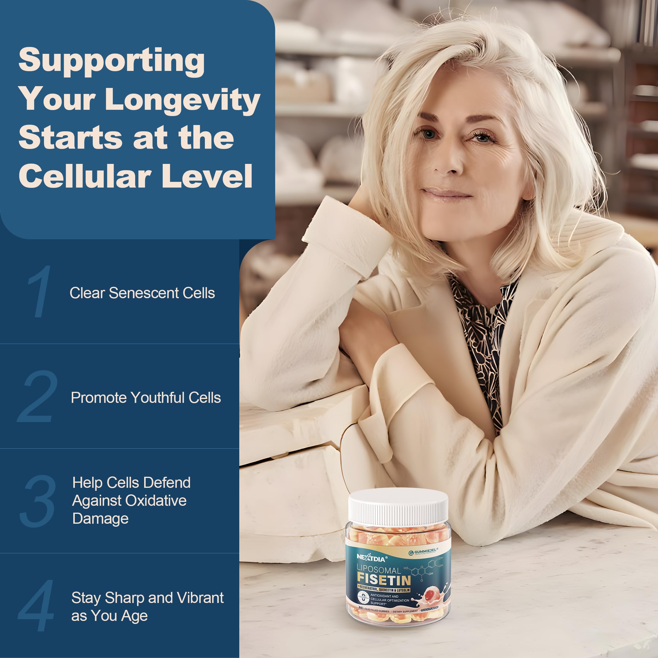 Nextdia Fisetin Gummies with a measuring spoon for dosage