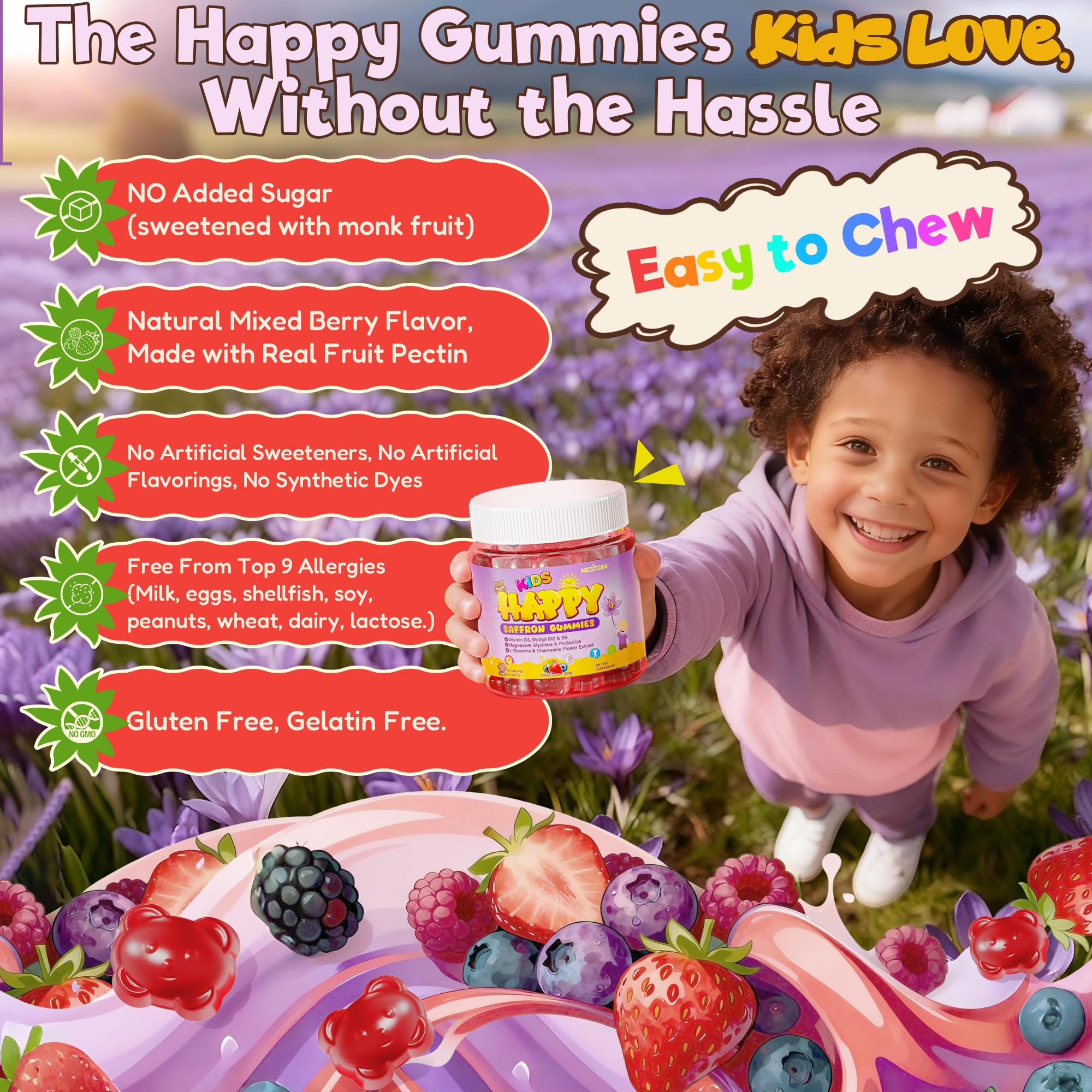 Nextdia Happy Saffron Gummies for Kids close-up of gummies