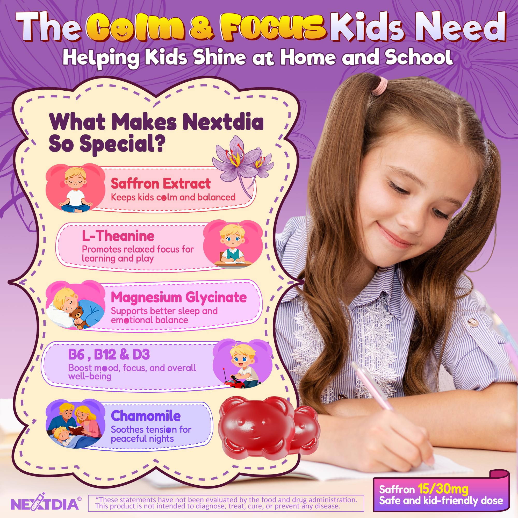 Nextdia Happy Saffron Gummies for Kids side view showing gummy texture