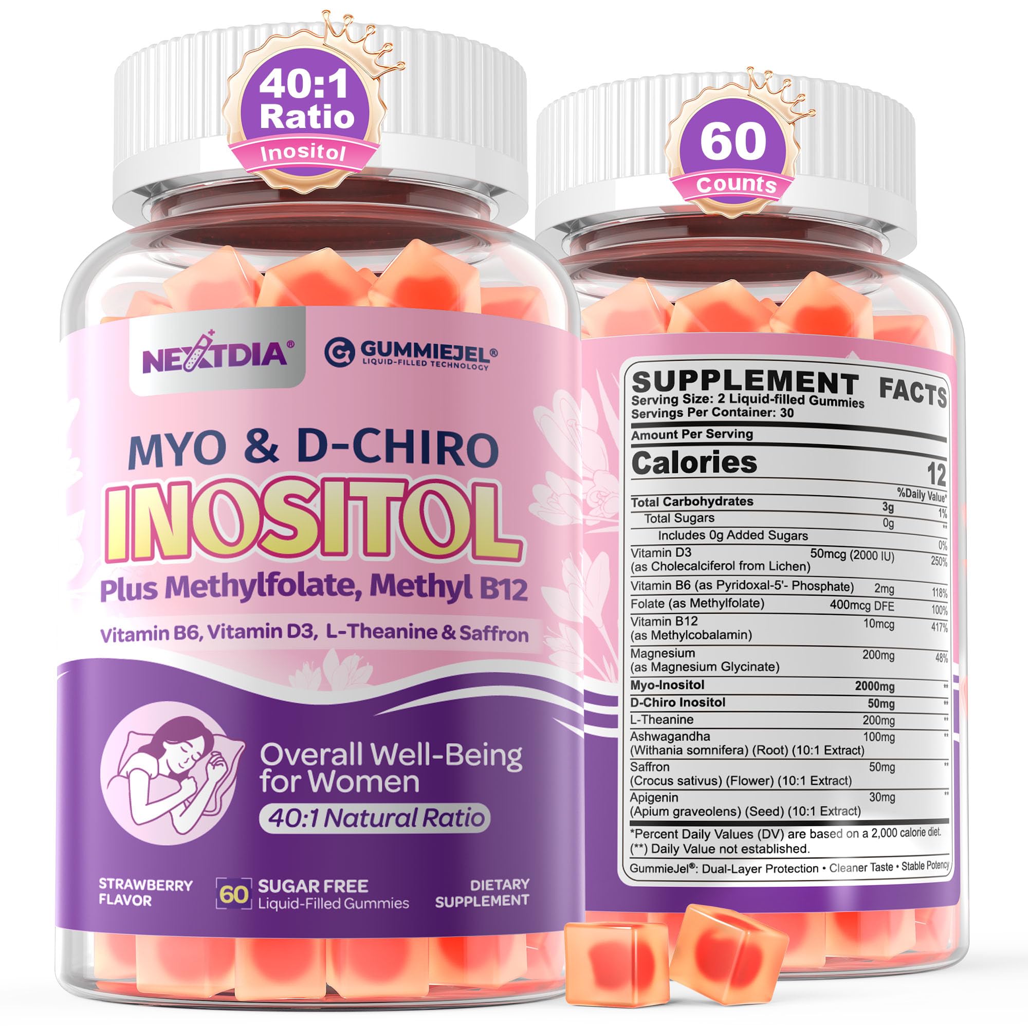Nextdia Inositol Gummies bottle front view with strawberry flavour
