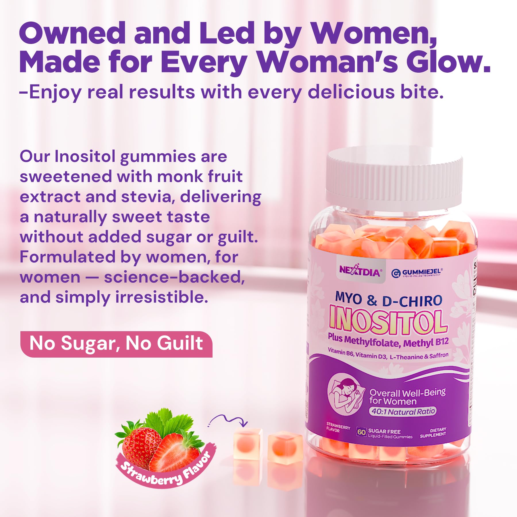 Nextdia Inositol Gummies close-up showing gummy shape and colour