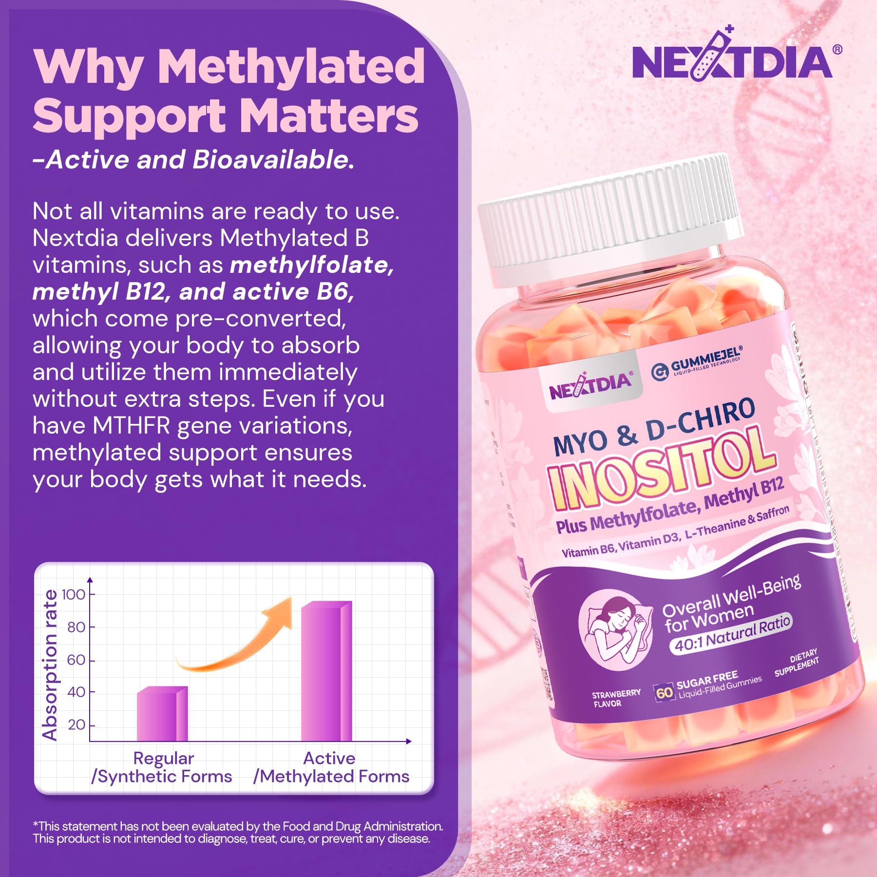 Nextdia Inositol Gummies on a wooden table with fresh strawberries