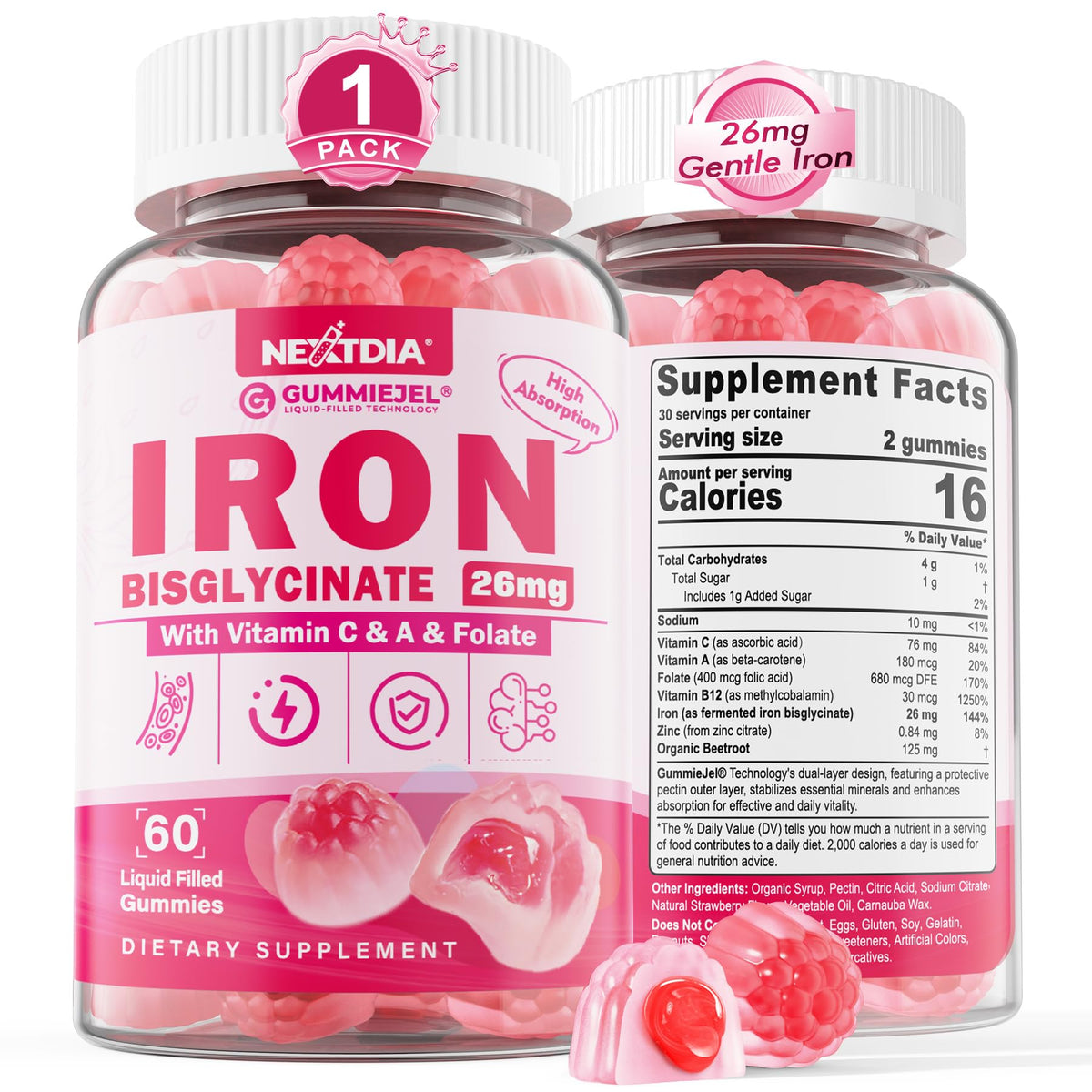 Nextdia Iron Bisglycinate Gummies front view with packaging