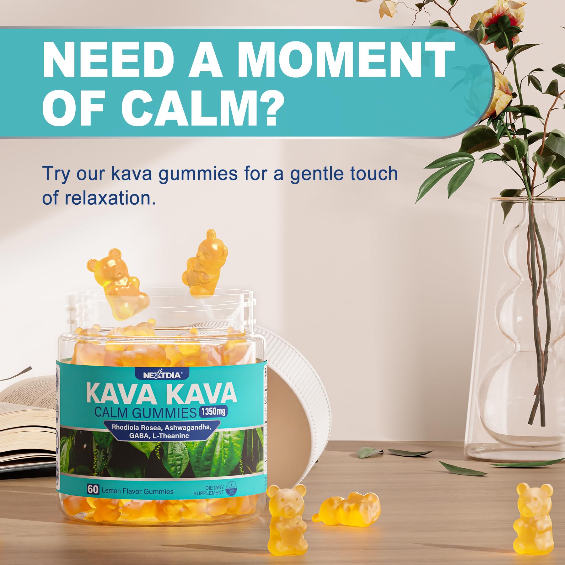 Nextdia Kava Kava Gummies in a bowl with fresh lemons