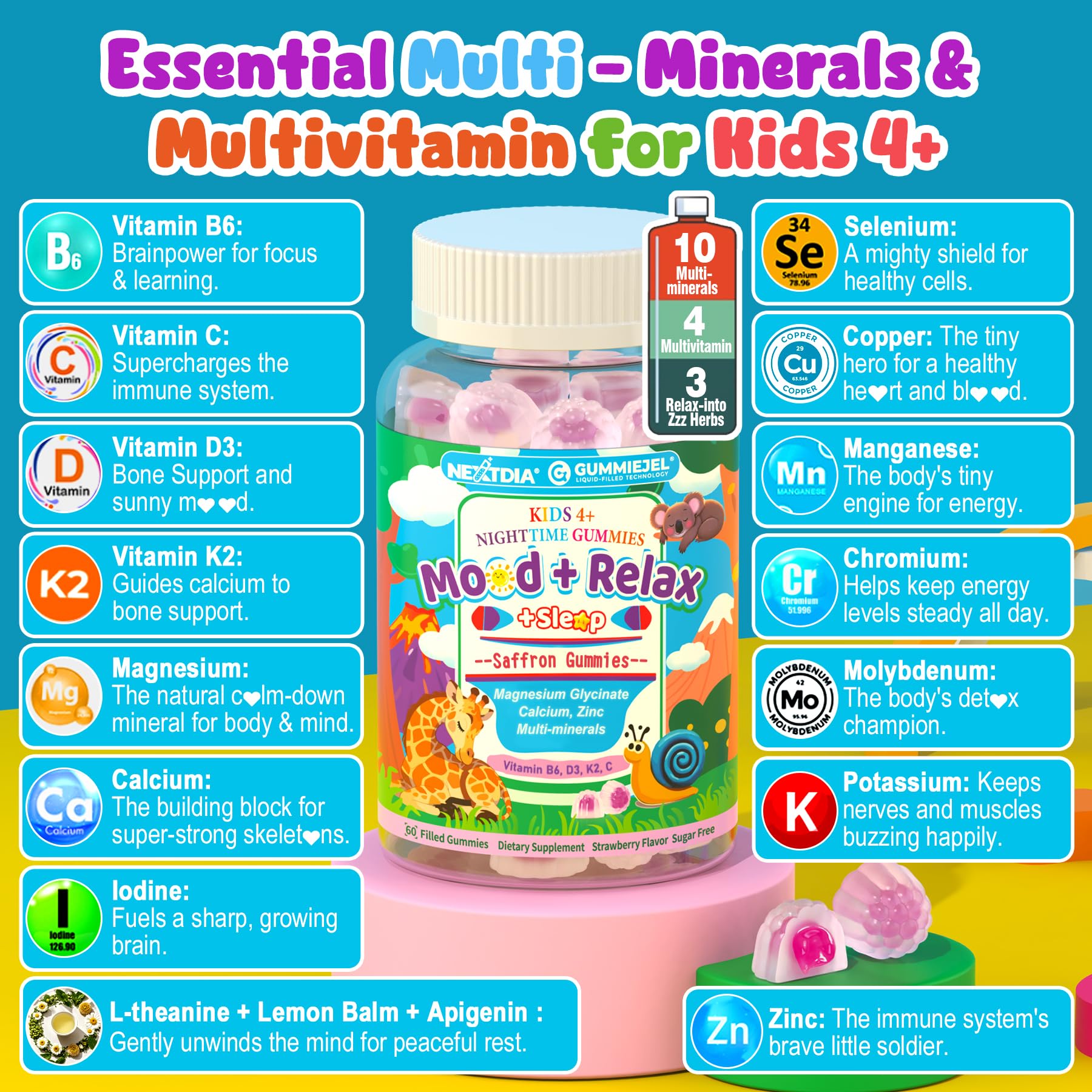 Nextdia Kids 4+ Magnesium + Saffron Sleep Gummies with a measuring spoon