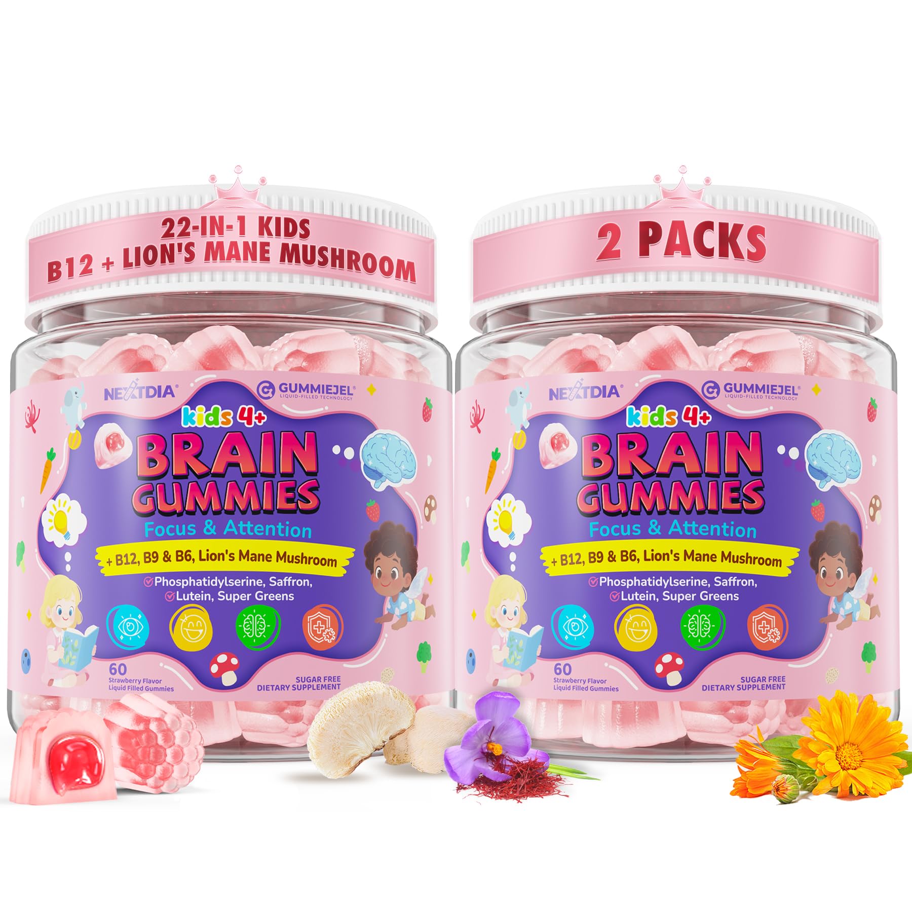 Nextdia Kids Brain Focus Gummies front view with packaging