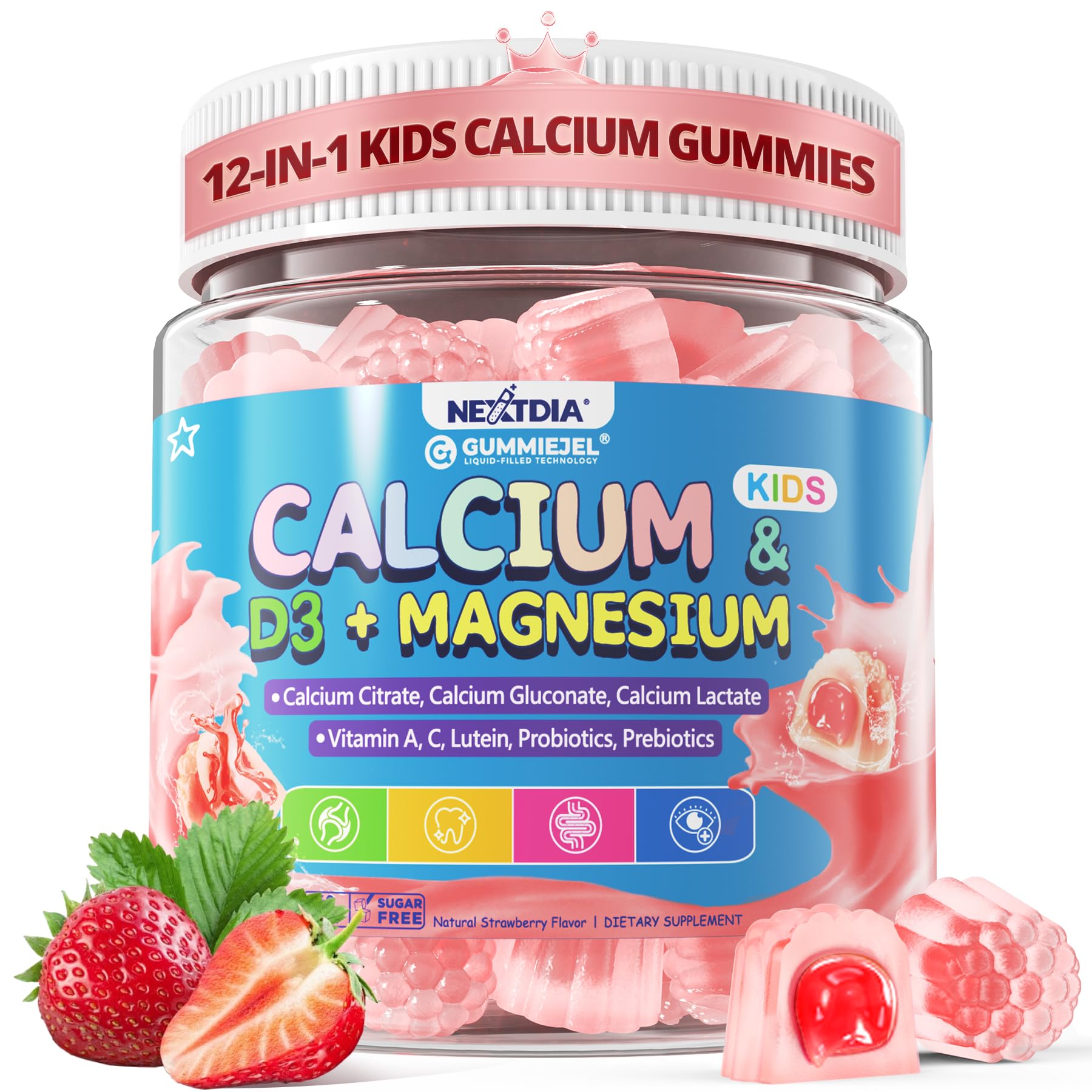Nextdia Kids Calcium Gummies 3-IN-1 Strawberry flavour front view