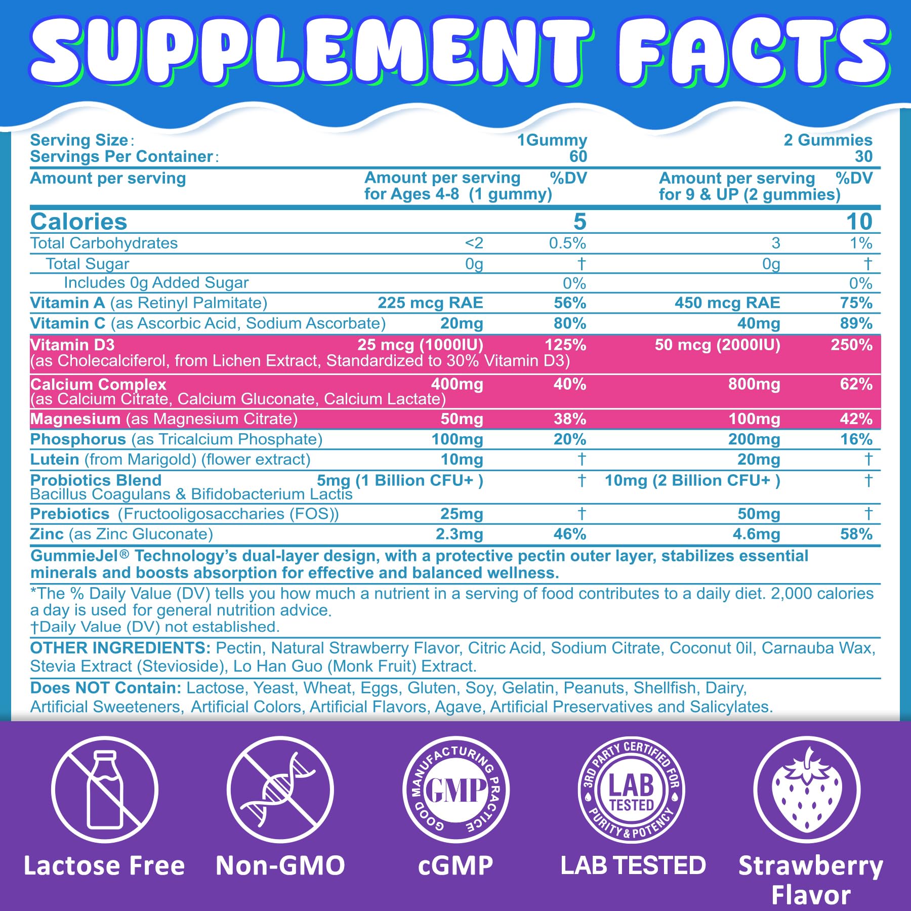 Nextdia Kids Calcium Gummies 3-IN-1 Strawberry flavour side view