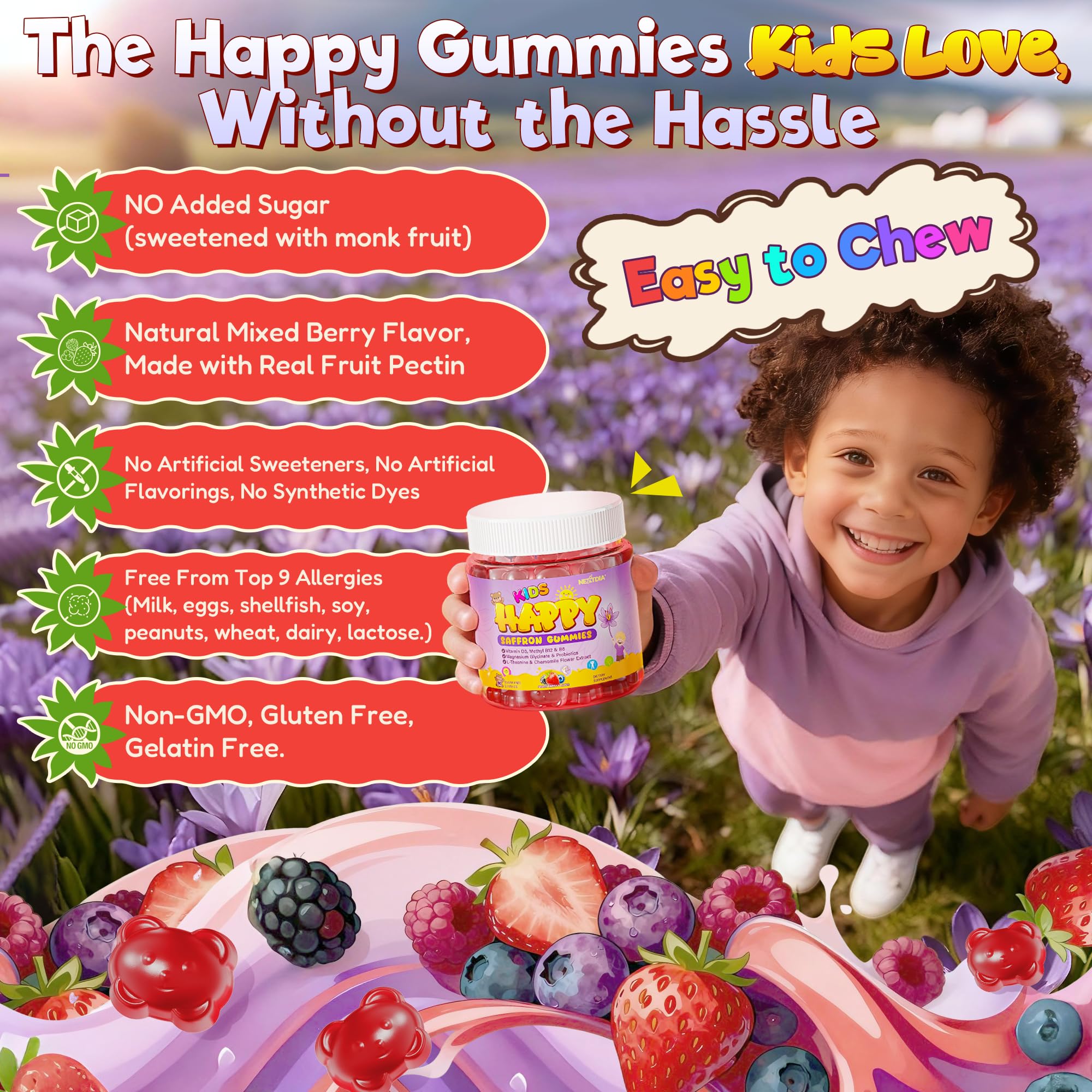 Nextdia Kids' Gummies with Saffron and Magnesium close-up of gummies