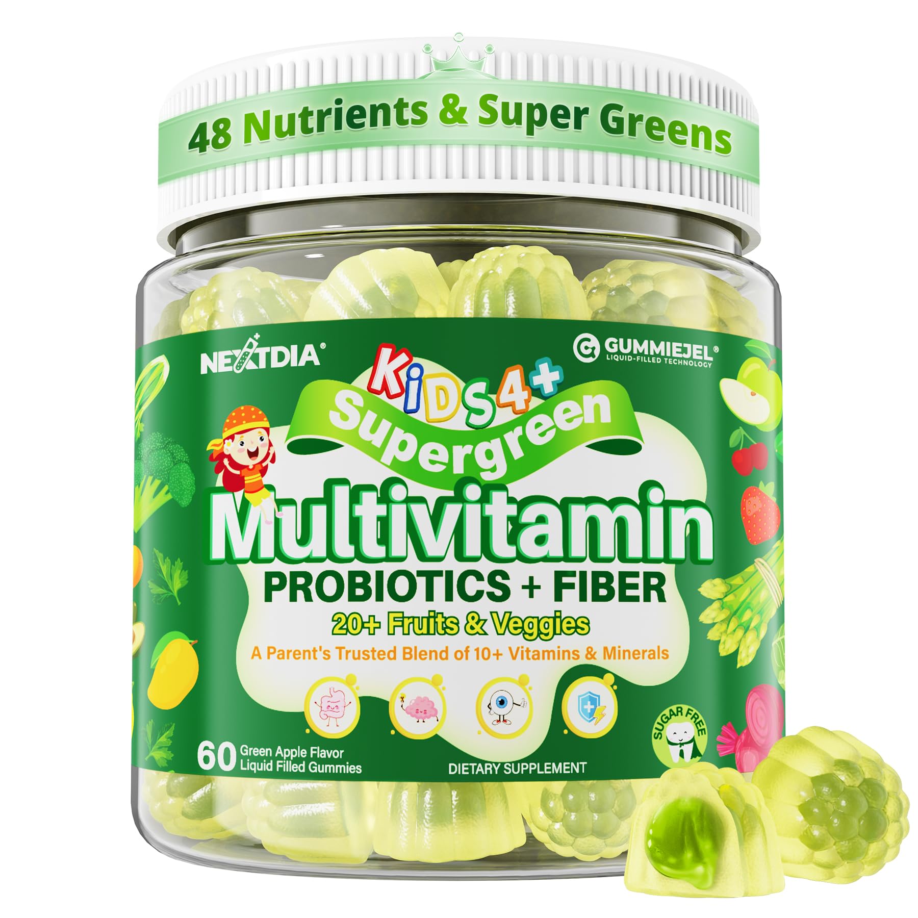 Nextdia Kids Multivitamin Gummies front view with green apple flavour
