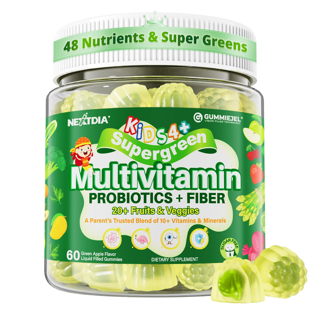 Nextdia Kids Multivitamin Gummies front view with green apple flavour