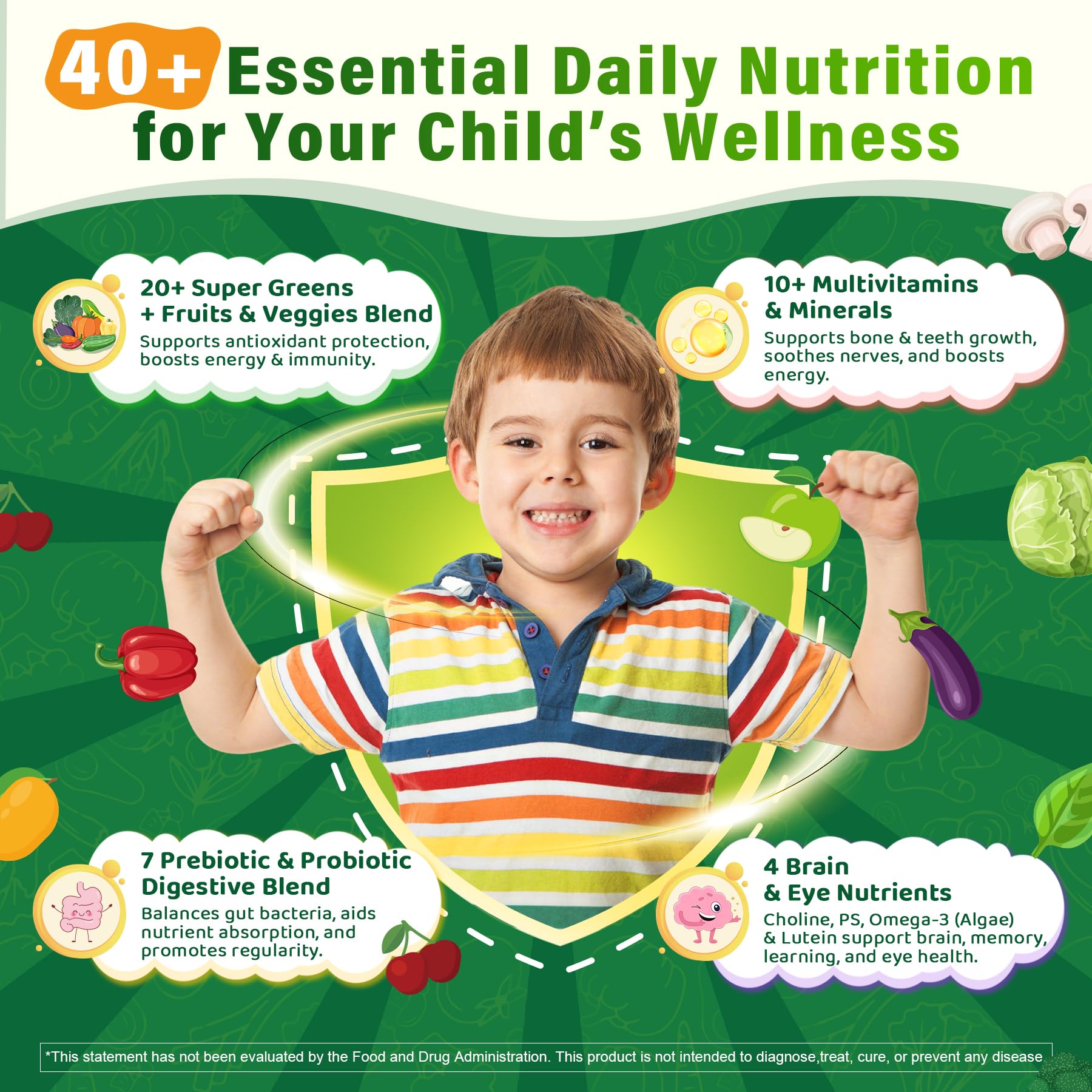 Nextdia Kids Multivitamin Gummies with fruits and vegetables background