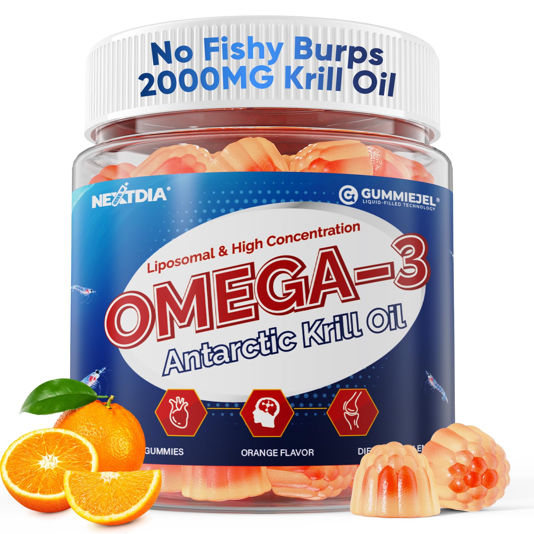 Nextdia Krill Oil Omega 3 Gummies front view with packaging