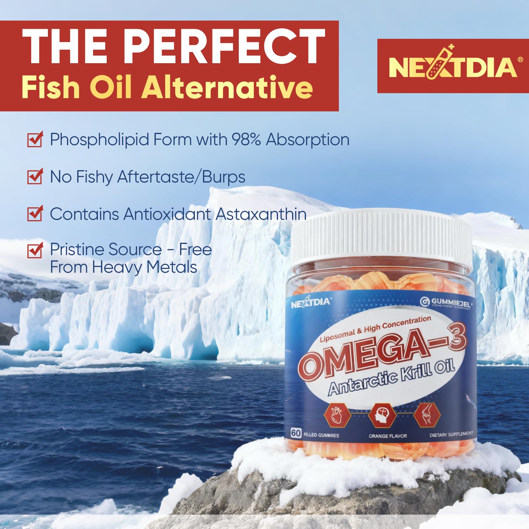 Nextdia Krill Oil Omega 3 Gummies with ingredients laid out