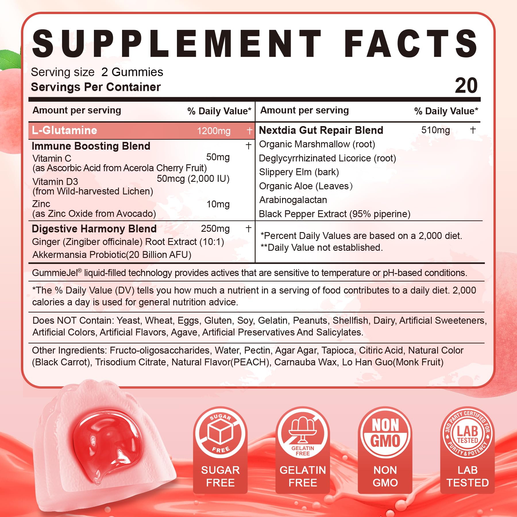 Nextdia L-Glutamine Gummies 1200mg side view showing gummies