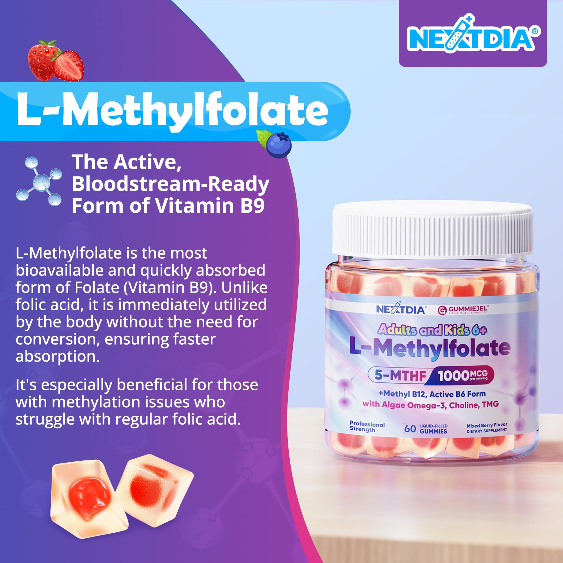 Nextdia L-Methylfolate Gummies with fresh fruit background