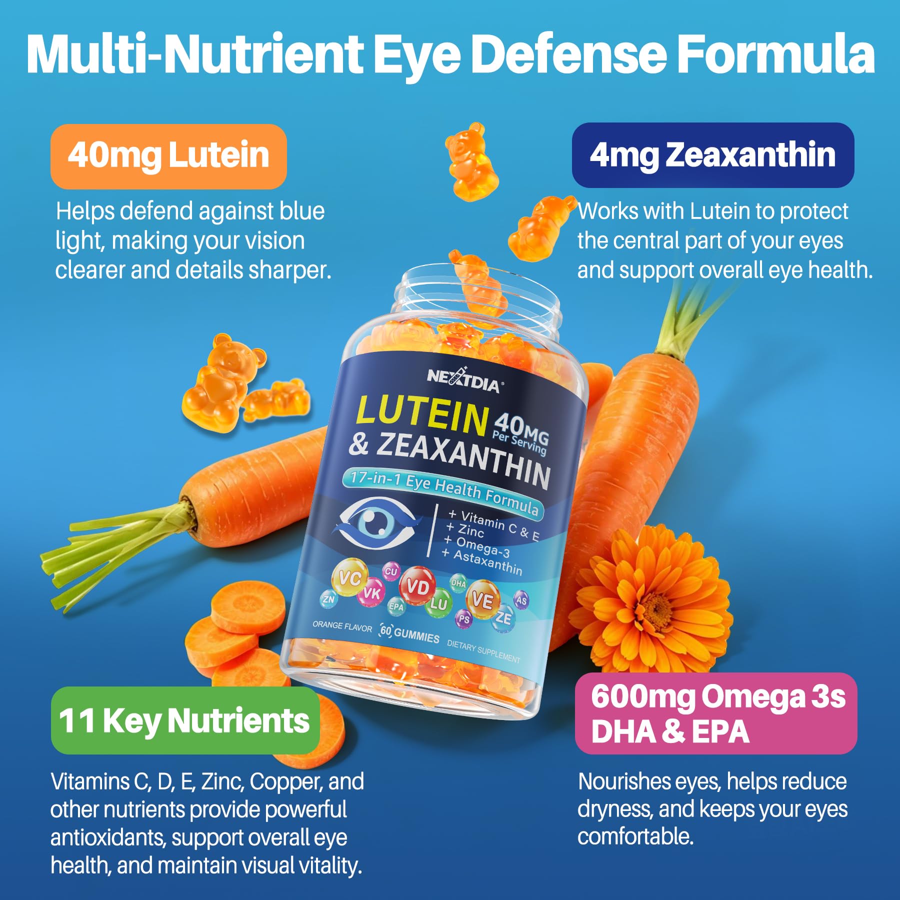 Nextdia Lutein & Zeaxanthin Gummies on a wooden table