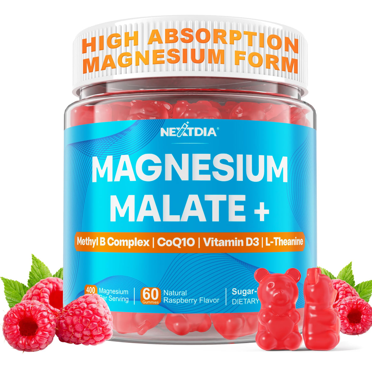 Nextdia Magnesium Gummies 400mg front view with raspberry flavour
