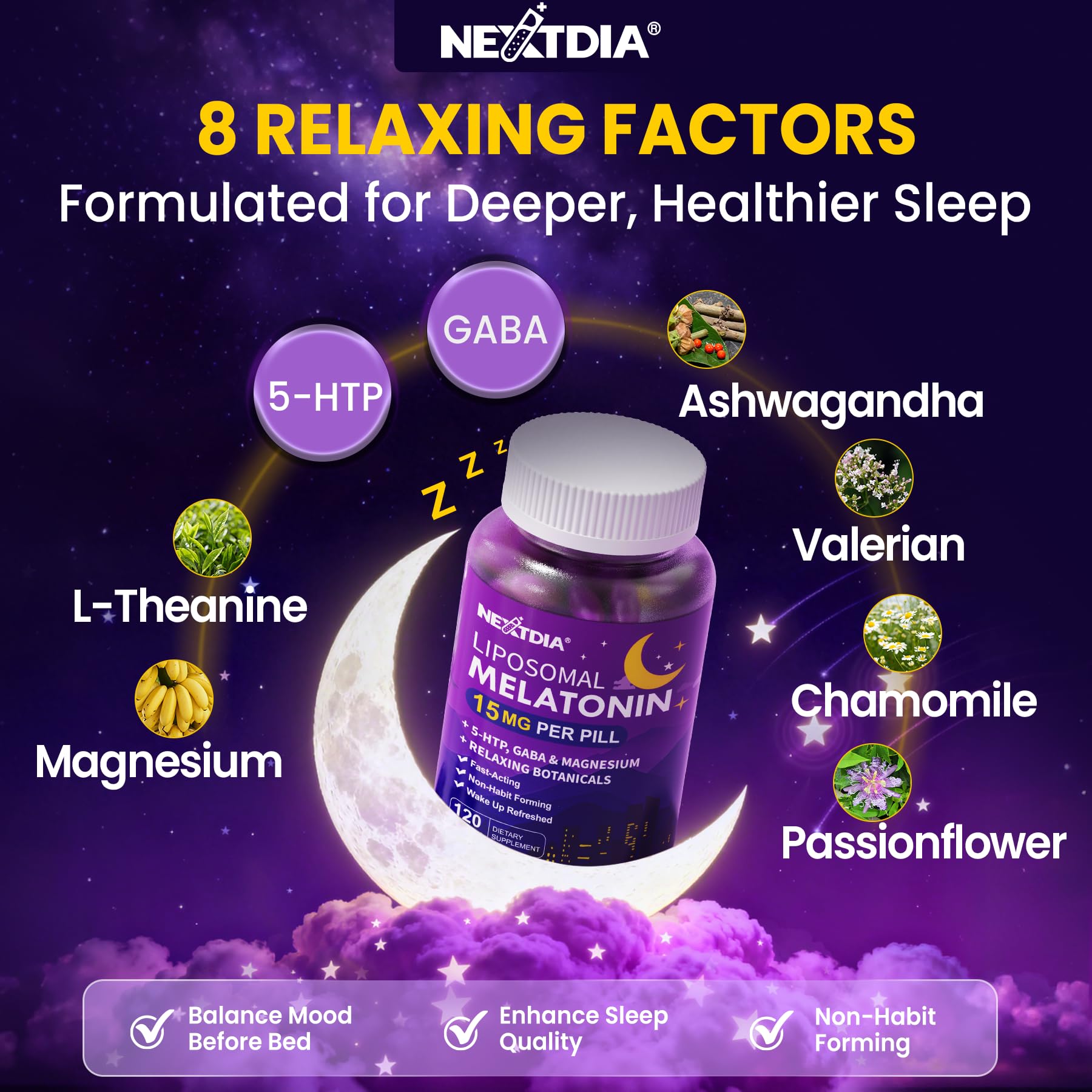Nextdia Melatonin Sleep Supplement with herbal ingredients displayed