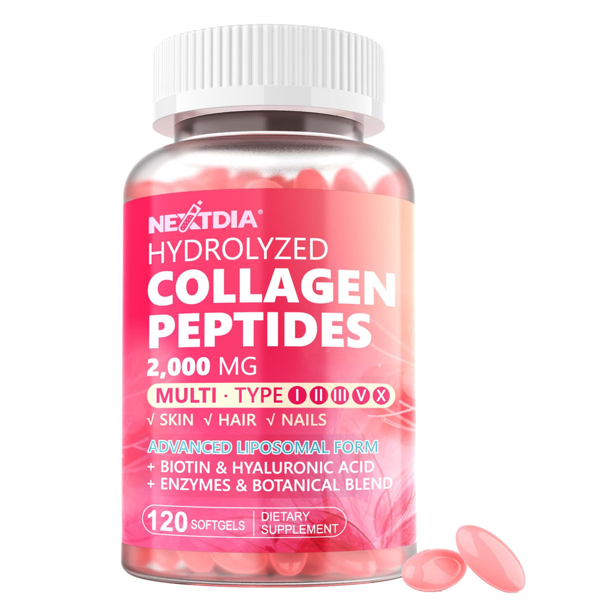 Nextdia Multi-Collagen Supplement 2000mg softgel bottle front view