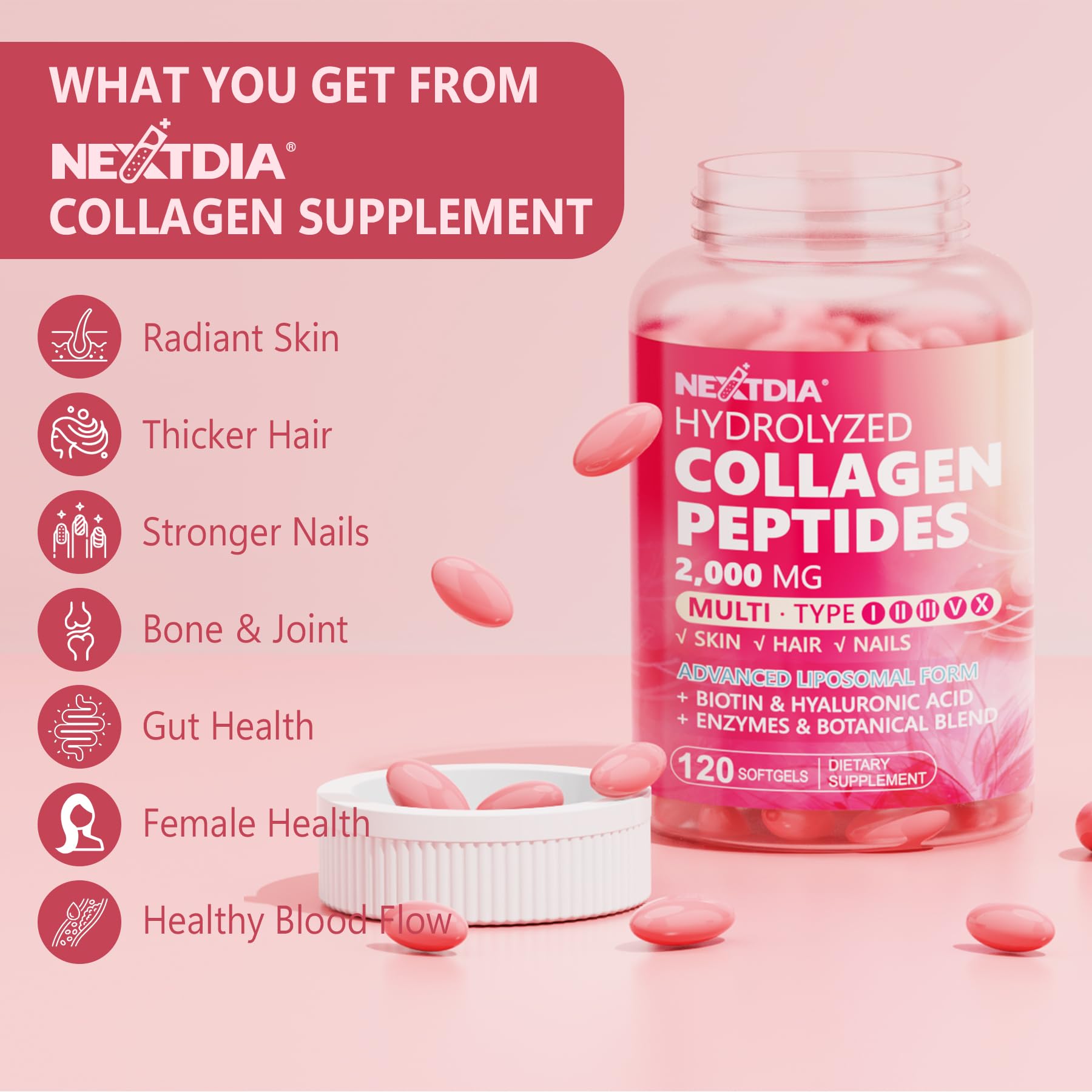 Nextdia Multi-Collagen Supplement bottle with softgels on a white background